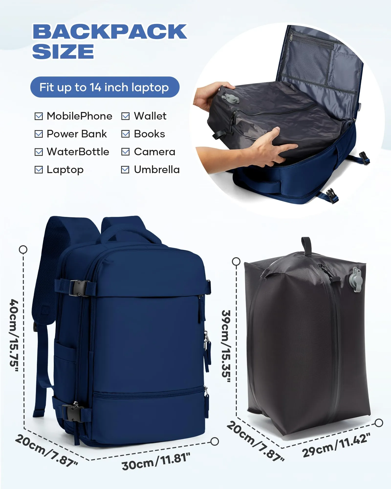 SZLX Zaino da Viaggio Sottovuoto con Pompa 40x30x20 per Ryanair Wizzair Easyjet, Impermeabile per Laptop 14 Pollici - immagine 4