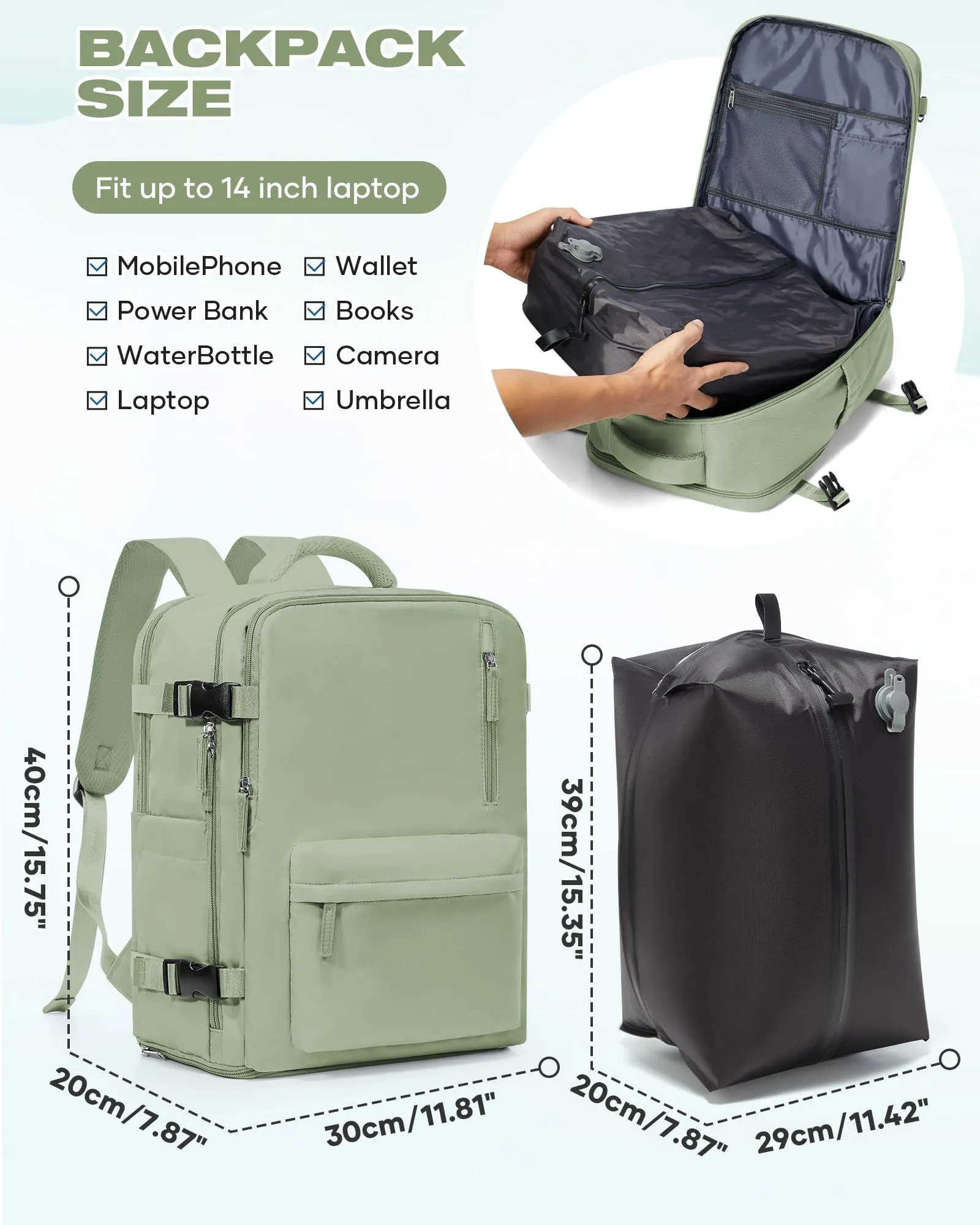 SZLX Zaino da Viaggio Sottovuoto con Pompa 40x30x20 per Ryanair, Wizzair, Easyjet, Impermeabile per Laptop 14 Pollici - immagine 4
