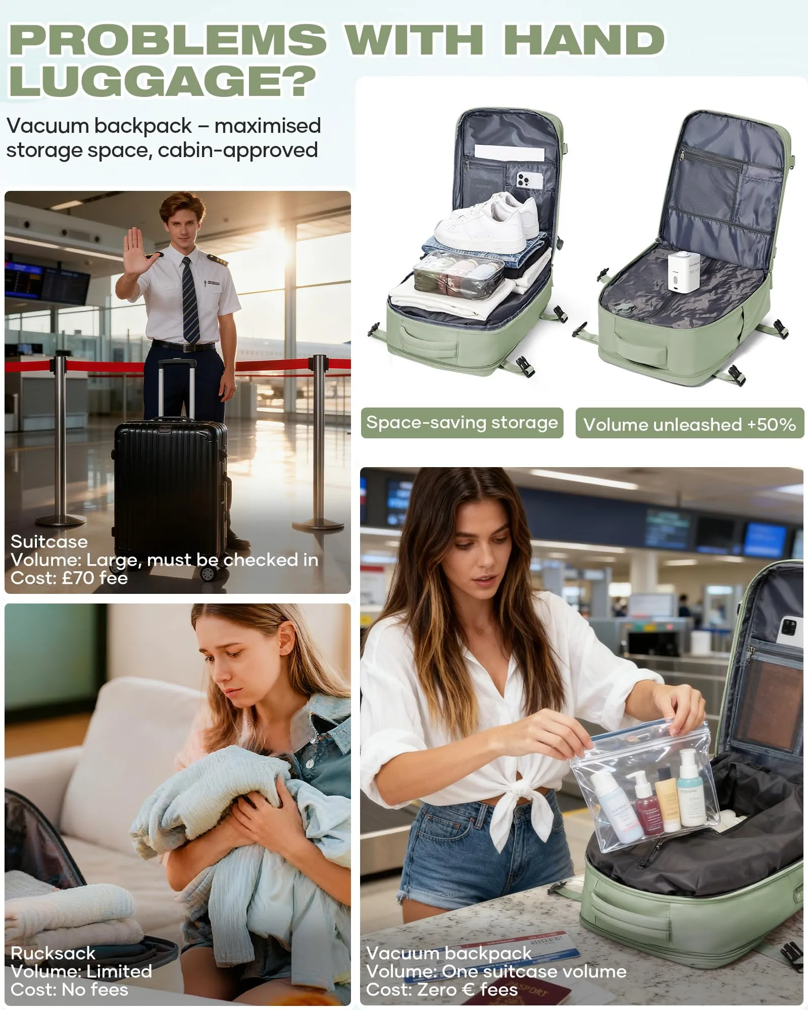 SZLX Zaino da Viaggio Sottovuoto con Pompa 40x30x20 per Ryanair, Wizzair, Easyjet, Impermeabile per Laptop 14 Pollici - immagine 7
