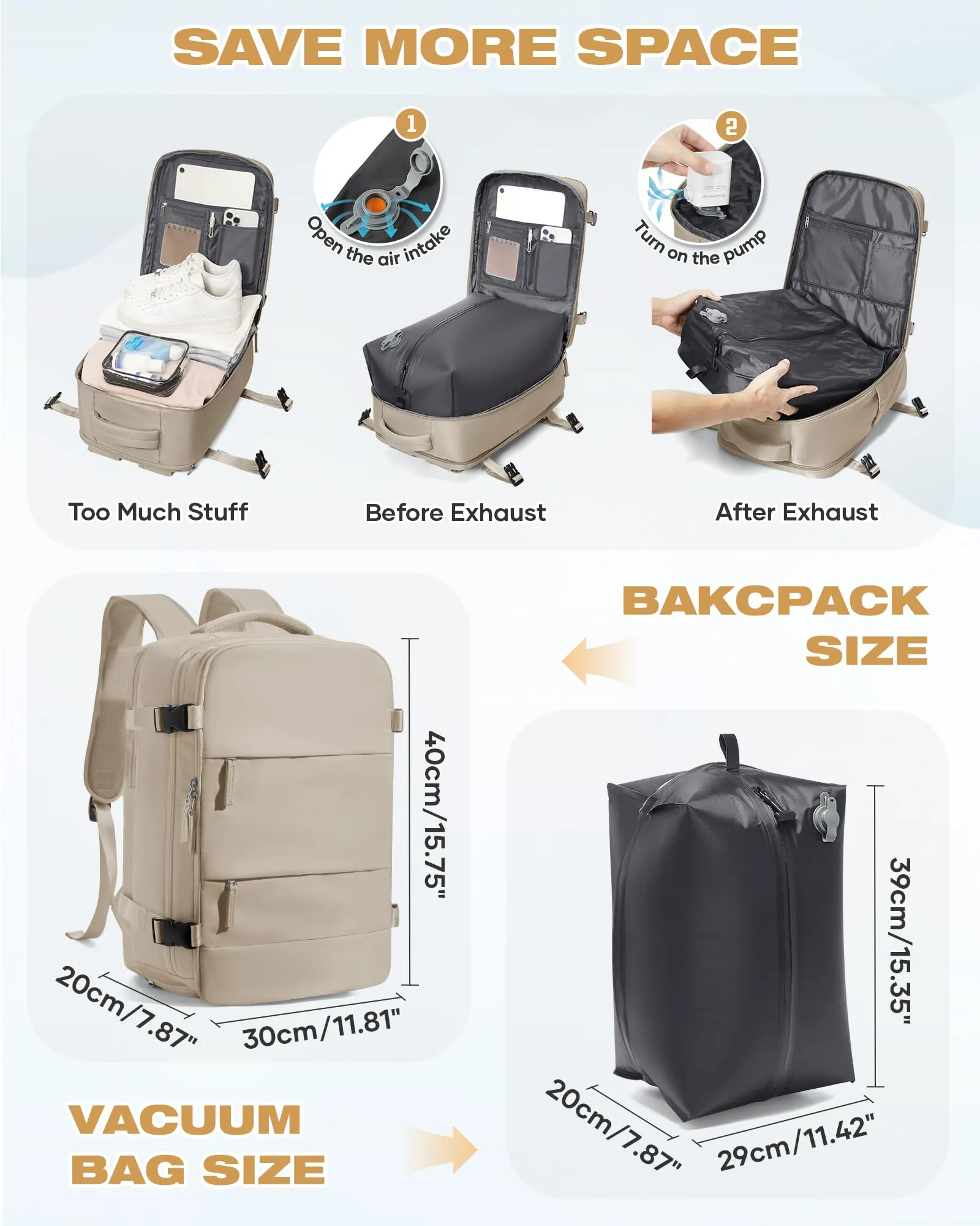 SZLX Zaino da Viaggio Sottovuoto con Pompa, Bagaglio a Mano per Ryanair 40x30x20, Wizzair ed Easyjet, Scomparto Laptop 14 Pollici e Porta Scarpe - immagine 4
