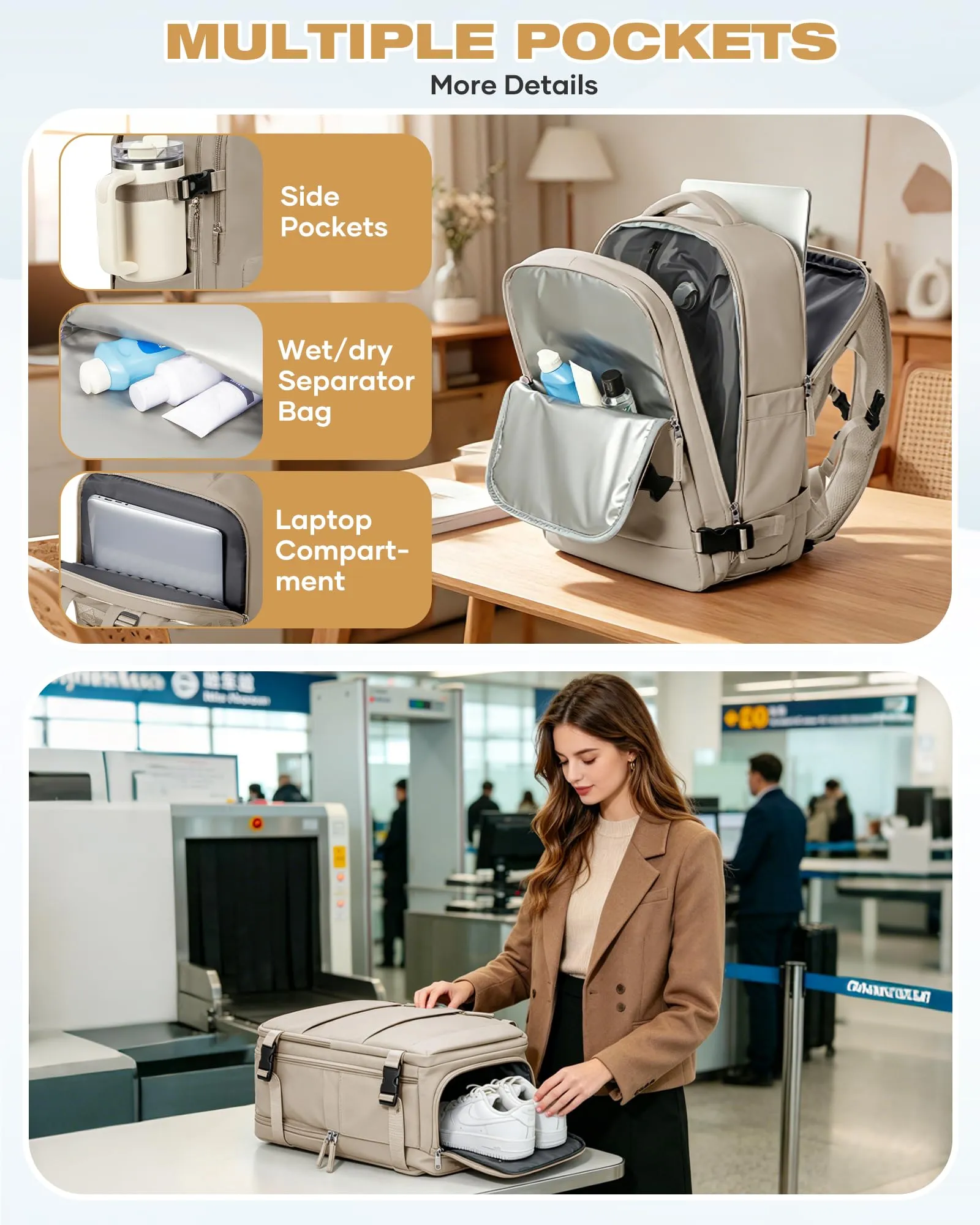 SZLX Zaino da Viaggio Sottovuoto con Pompa, Bagaglio a Mano per Ryanair 40x30x20, Wizzair ed Easyjet, Scomparto Laptop 14 Pollici e Porta Scarpe - immagine 8