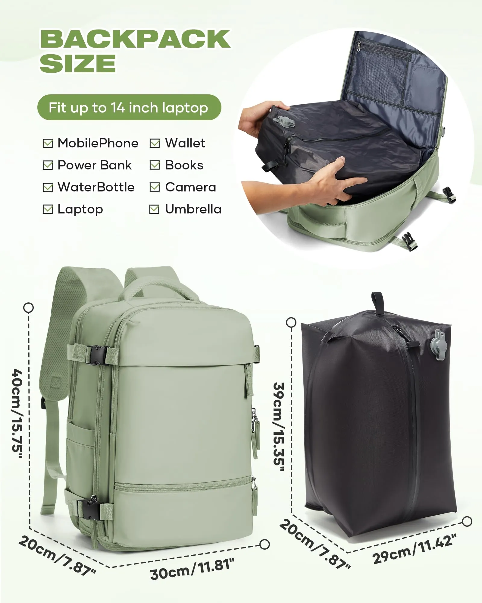 SZLX Zaino da Viaggio Sottovuoto con Pompa 40x30x20 per Ryanair Wizzair Easyjet, Impermeabile per Laptop 14 Pollici - immagine 4
