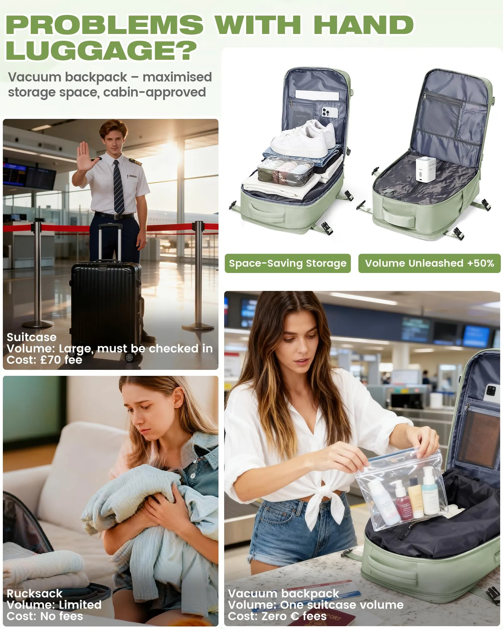 SZLX Zaino da Viaggio Sottovuoto con Pompa 40x30x20 per Ryanair Wizzair Easyjet, Impermeabile per Laptop 14 Pollici - immagine 7
