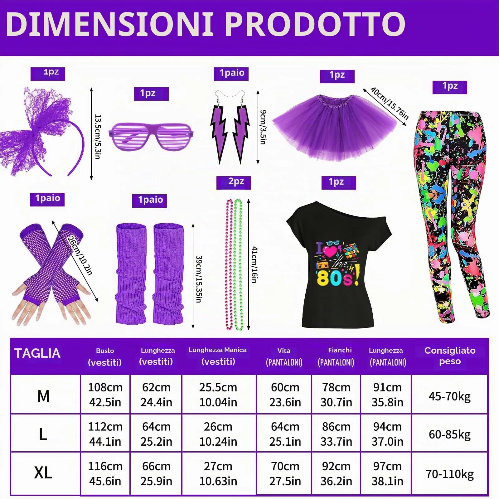 DAZZTIME Costume Anni 80 e 90 da Donna con Accessori - immagine 2
