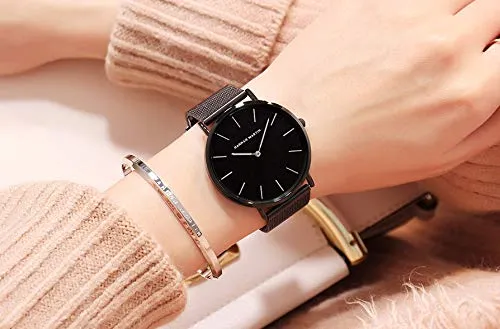 HANNAH MARTIN Orologio da Polso Donna Ultra Sottile Quarzo in Acciaio Inossidabile T53 (Quadrante Nero, Cinturino Nero) - immagine 4