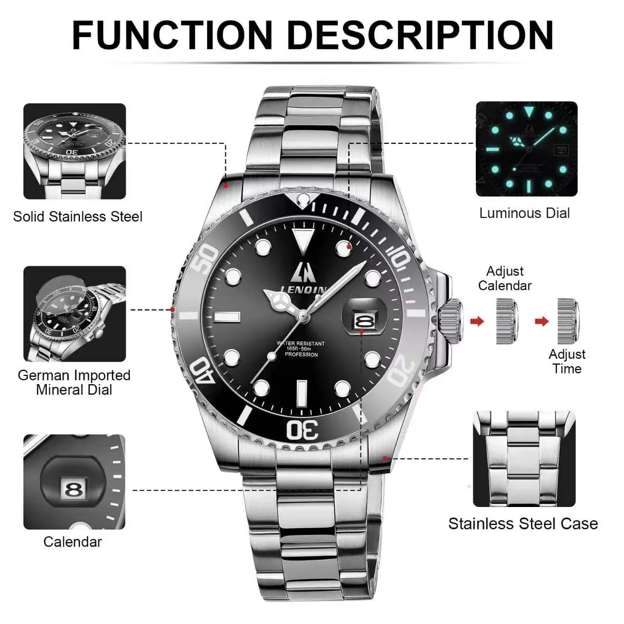 LN LENQIN Orologio Uomo Analogico al Quarzo in Acciaio Impermeabile 0341A Silver Black - immagine 7