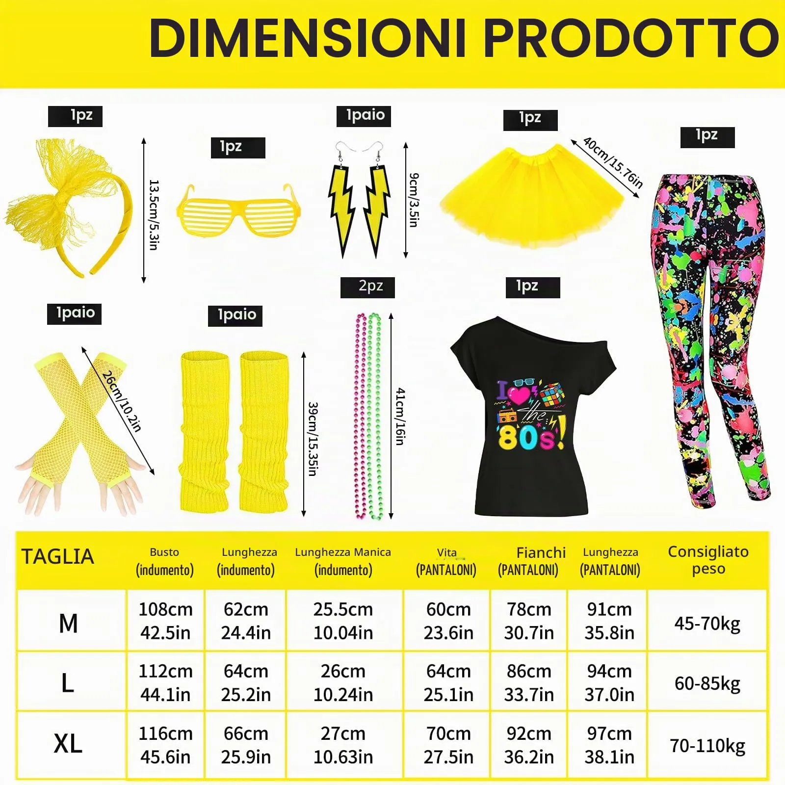DAZZTIME Costume Anni 80 e 90 da Donna, Set di Abbigliamento e Accessori per Discoteca, Carnevale e Halloween - immagine 2