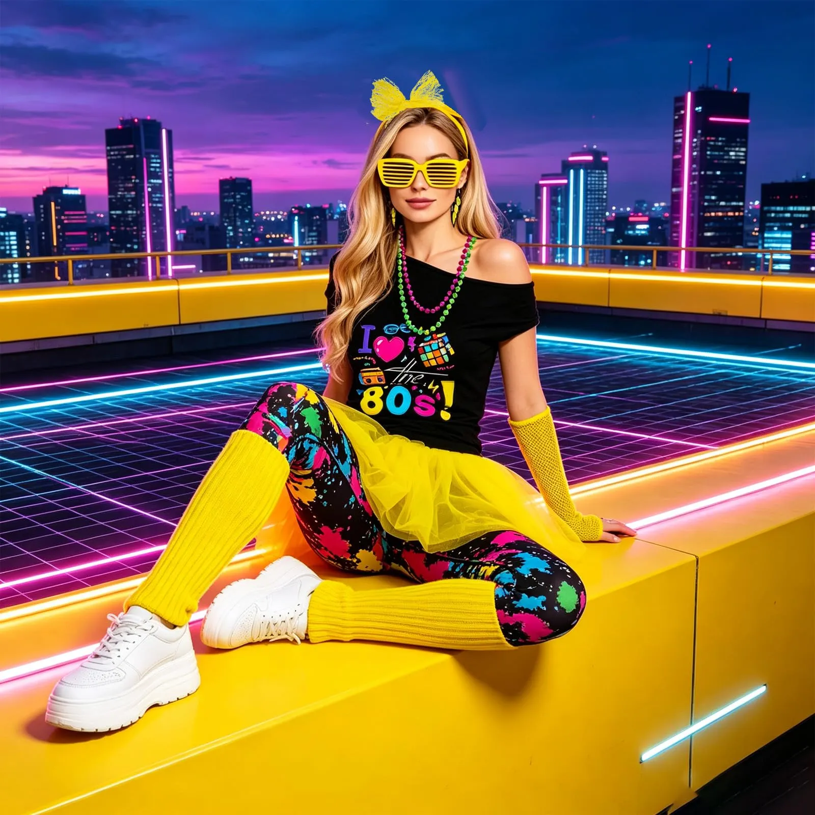 DAZZTIME Costume Anni 80 e 90 da Donna, Set di Abbigliamento e Accessori per Discoteca, Carnevale e Halloween - immagine 7