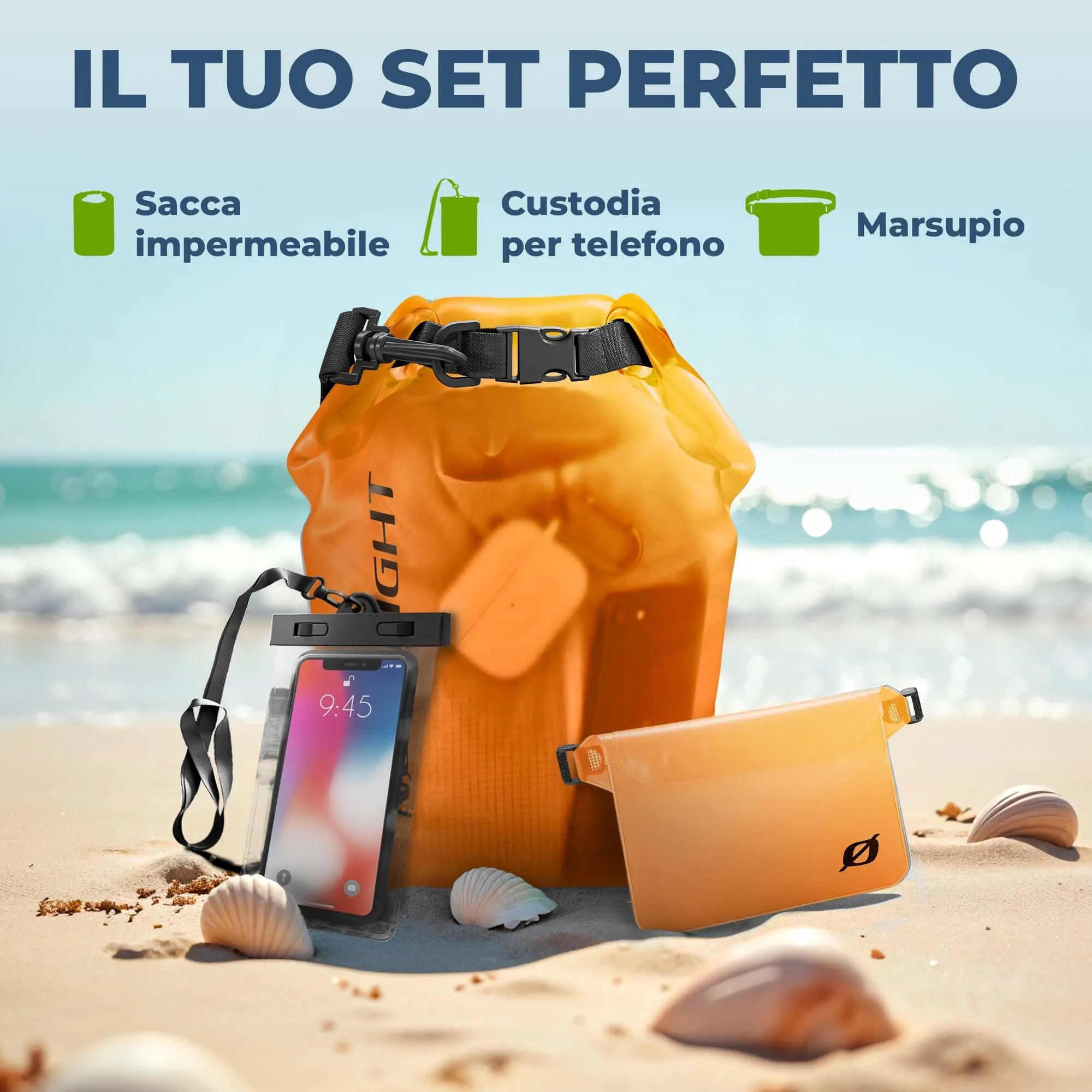 Nordlight Dry Bag Set con Custodia per Cellulare e Marsupio, 10L, Arancione - immagine 2