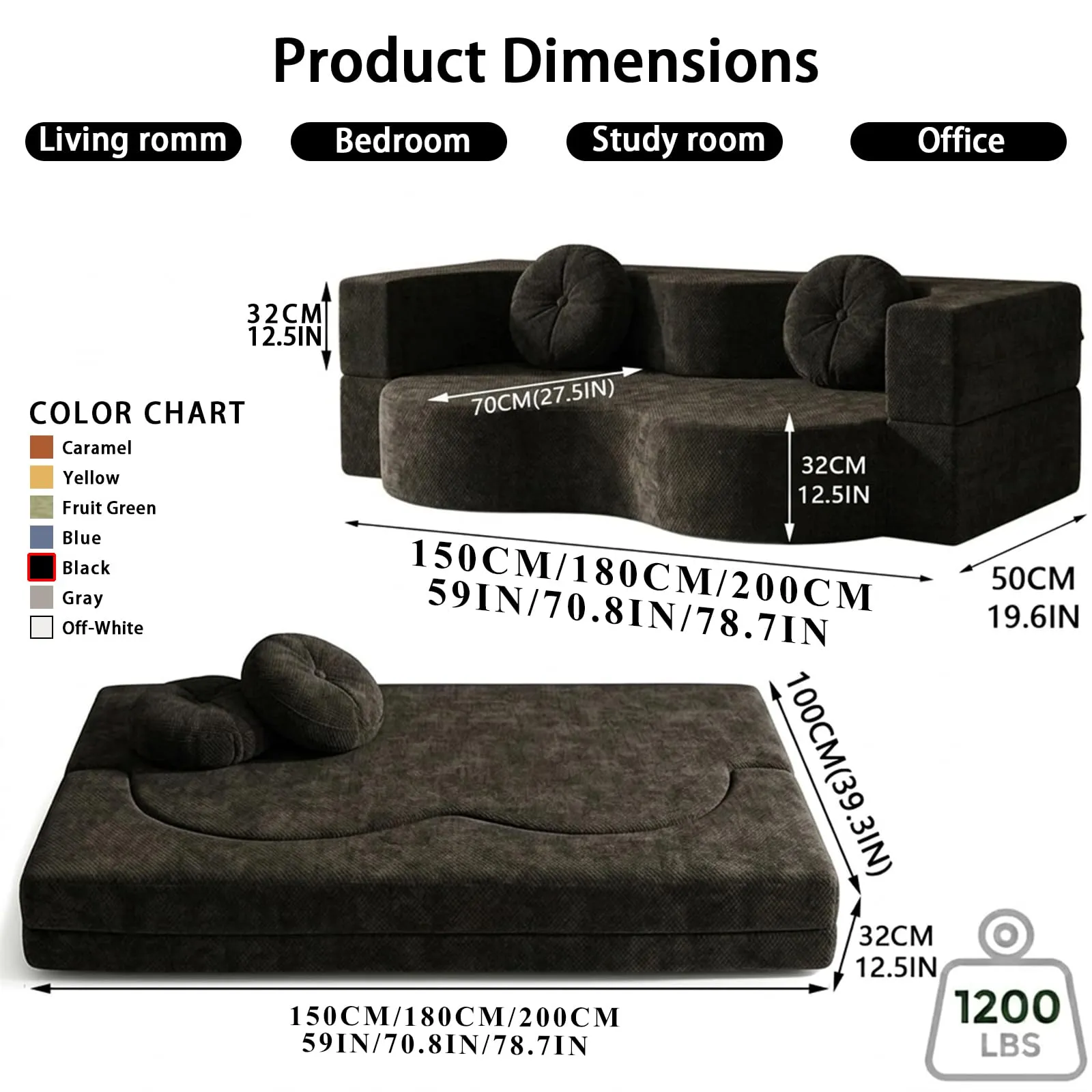 NOYHHAV Divano Letto Convertibile in Memory Foam, Fodera Sfoderabile e Lavabile, Nero, 200x100cm - immagine 3