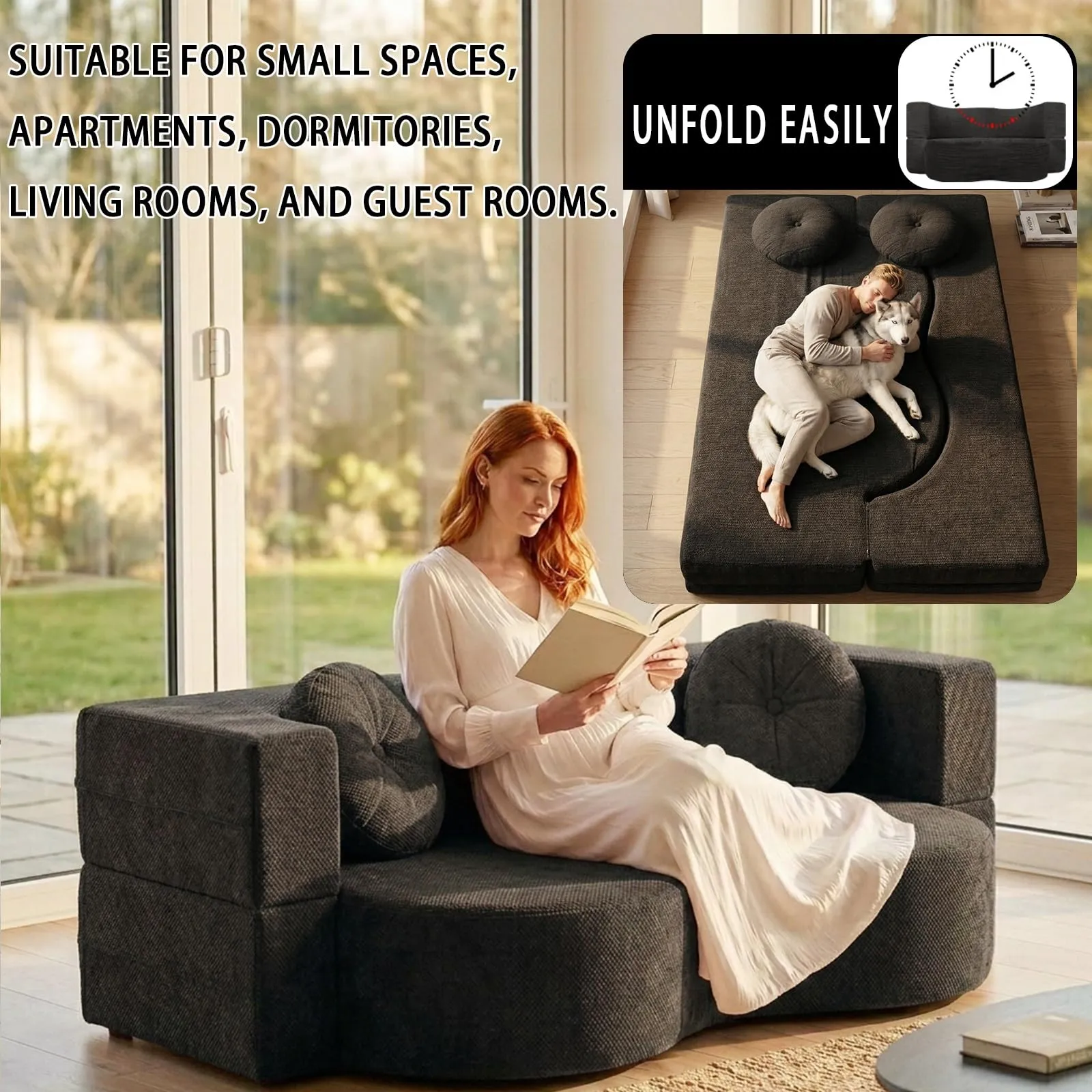 NOYHHAV Divano Letto Convertibile in Memory Foam, Fodera Sfoderabile e Lavabile, Nero, 200x100cm - immagine 4