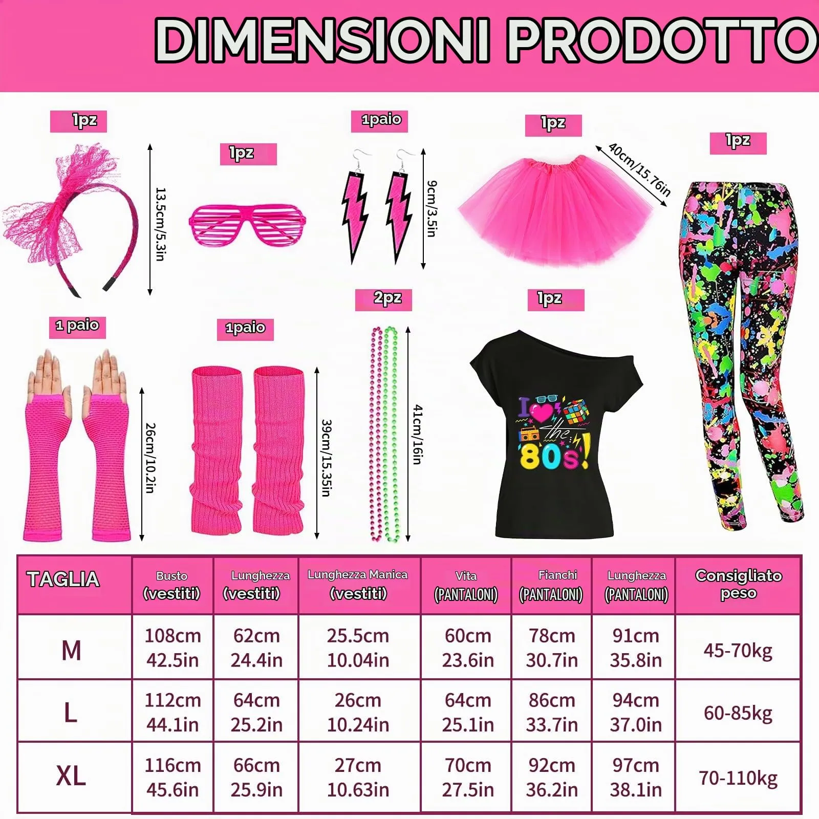 DAZZTIME Costume Anni 80 e 90 da Donna con Set di Accessori per Carnevale, Halloween e Feste a Tema - immagine 2
