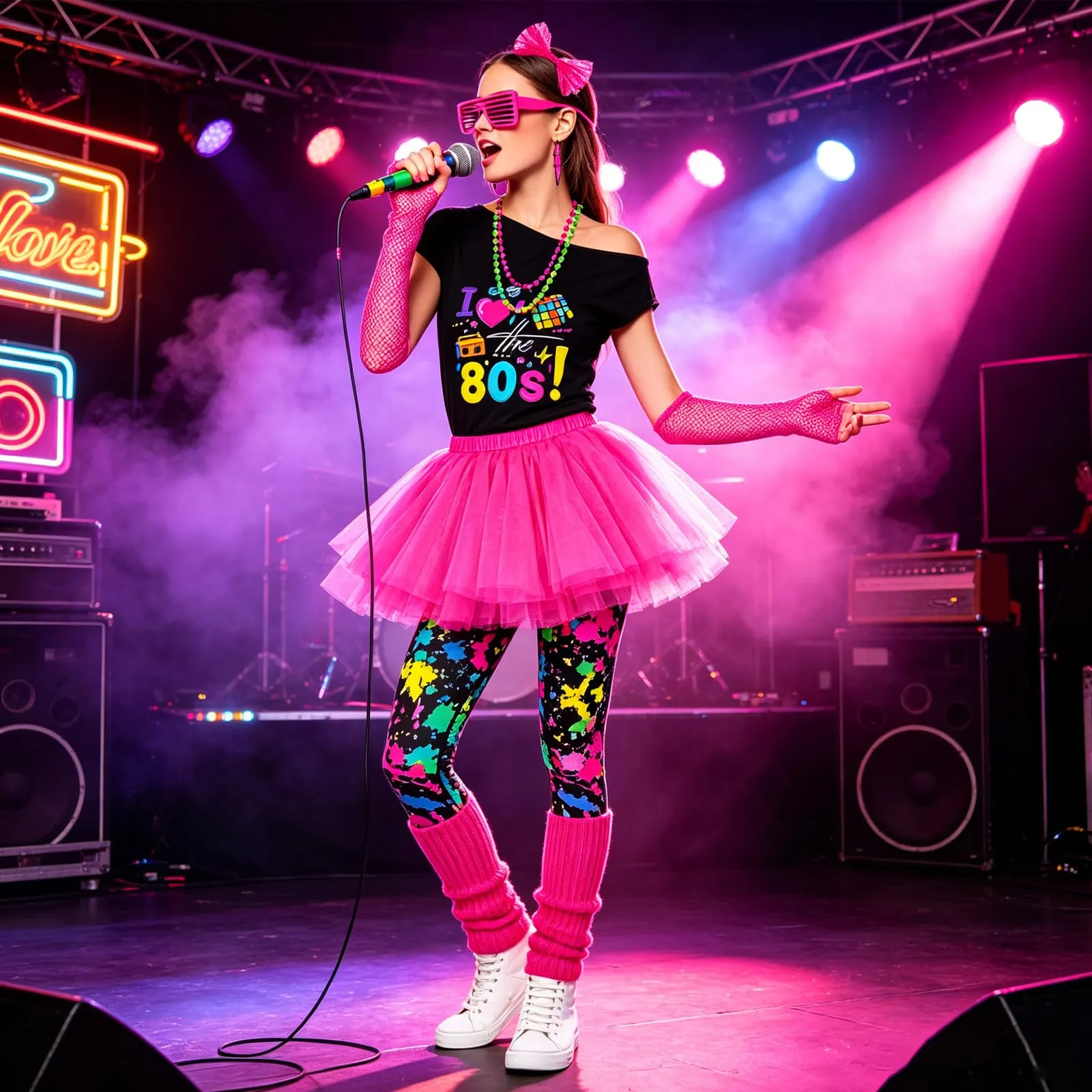 DAZZTIME Costume Anni 80 e 90 da Donna con Set di Accessori per Carnevale, Halloween e Feste a Tema - immagine 5