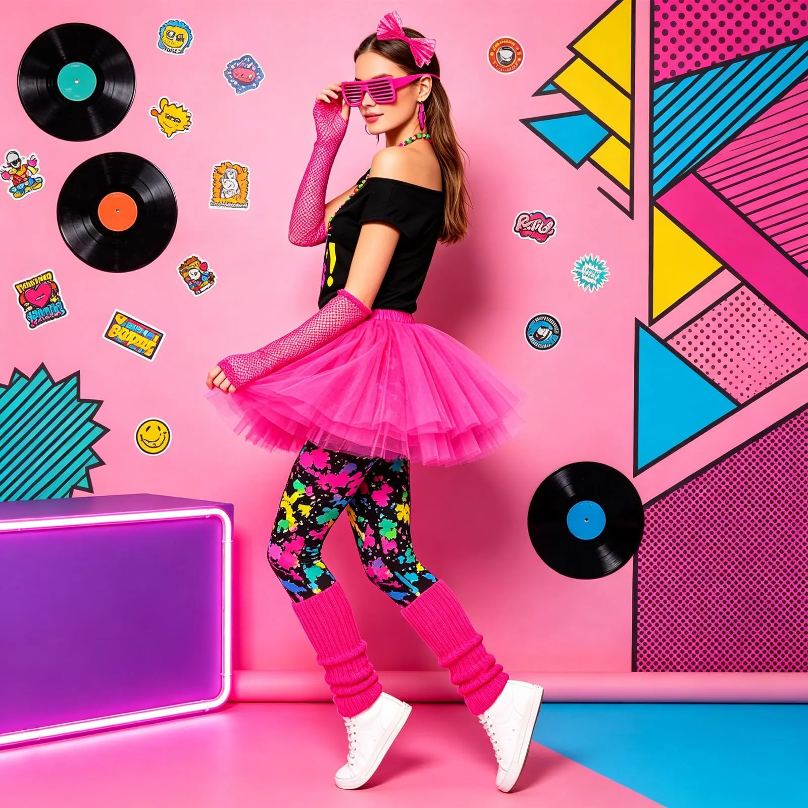 DAZZTIME Costume Anni 80 e 90 da Donna con Set di Accessori per Carnevale, Halloween e Feste a Tema - immagine 7