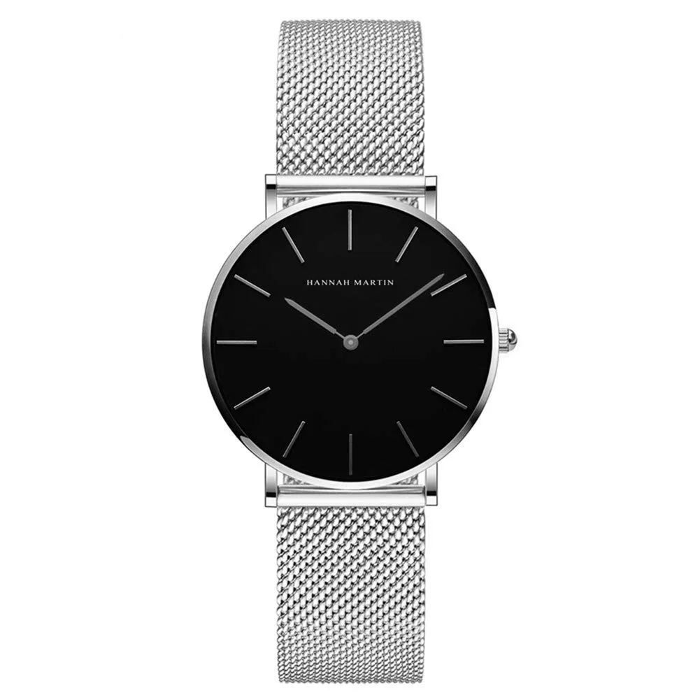 Hannah Martin Orologio da Polso Donna Ultra Sottile Quarzo Acciaio Inossidabile T53 (Quadrante Nero, Cinturino Argento) - immagine 1