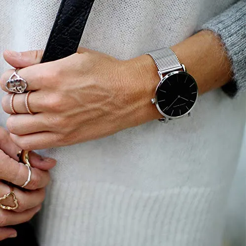 Hannah Martin Orologio da Polso Donna Ultra Sottile Quarzo Acciaio Inossidabile T53 (Quadrante Nero, Cinturino Argento) - immagine 4