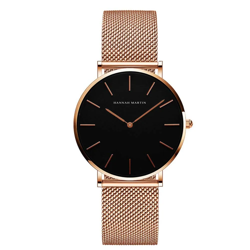 Hannah Martin Orologio da Polso Donna Ultra Sottile Quarzo Acciaio Inossidabile T53 (Quadrante Nero, Cinturino Oro Rosa) - immagine 1