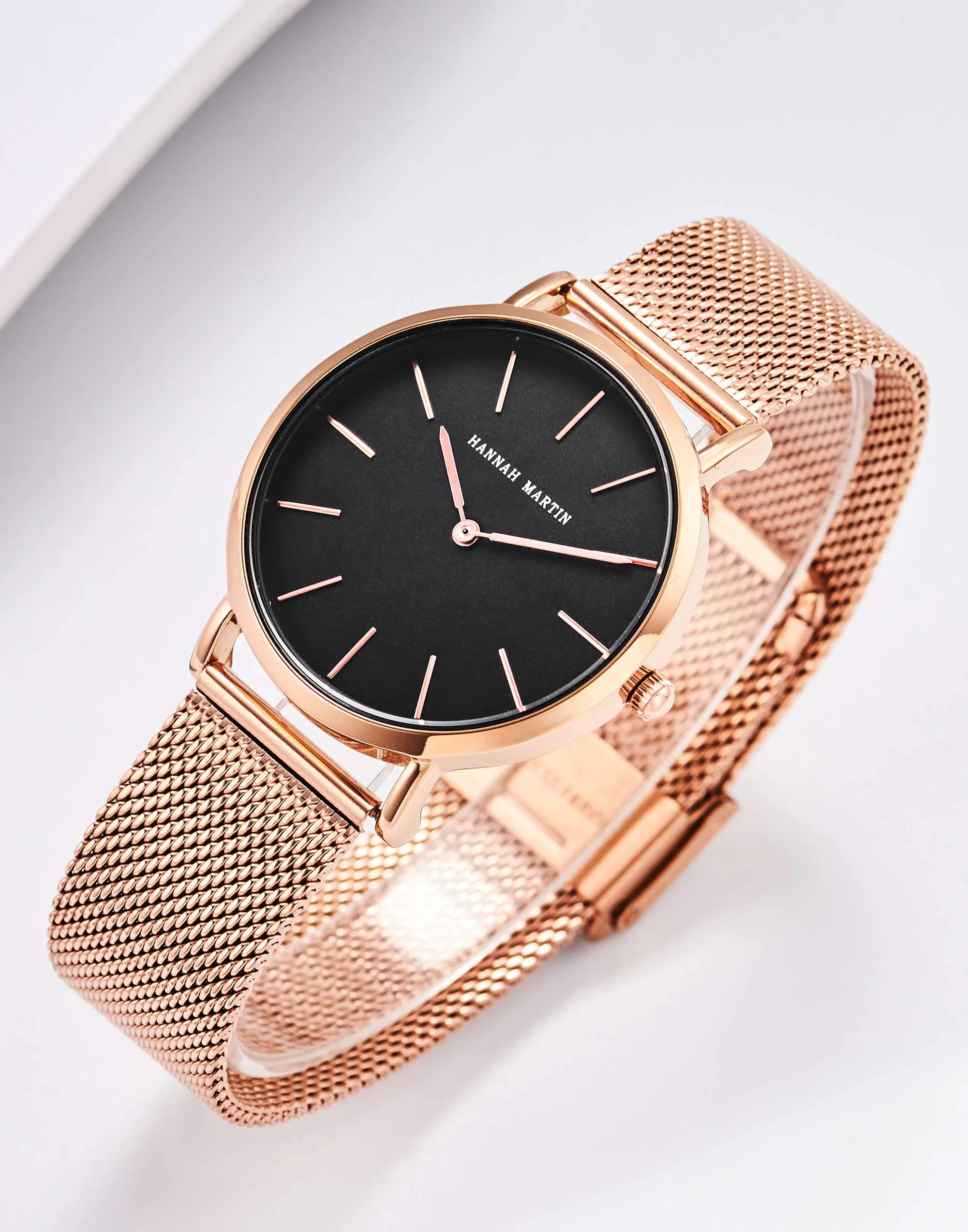 Hannah Martin Orologio da Polso Donna Ultra Sottile Quarzo Acciaio Inossidabile T53 (Quadrante Nero, Cinturino Oro Rosa) - immagine 2