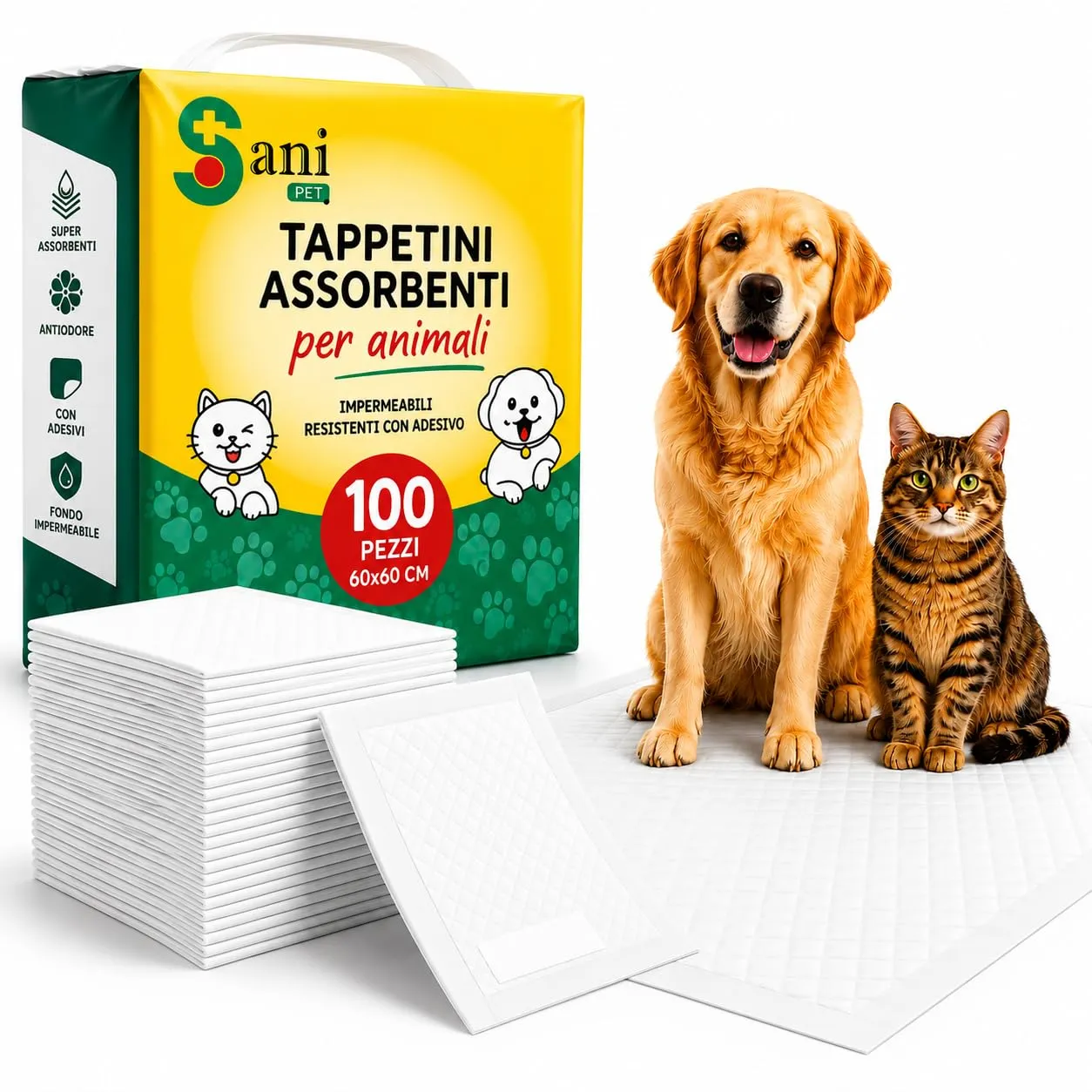 Sani Pet Tappetini Igienici per Cani e Gatti, 60x60 cm, 100 Pezzi, Adesivi, Extra Assorbenti e Fondo Impermeabile - immagine 1