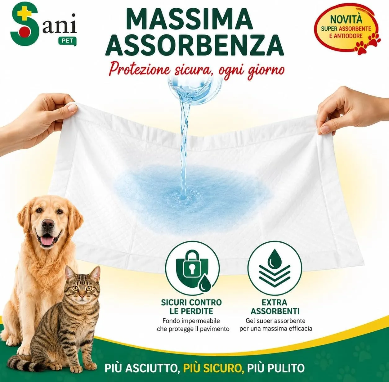 Sani Pet Tappetini Igienici per Cani e Gatti, 60x60 cm, 100 Pezzi, Adesivi, Extra Assorbenti e Fondo Impermeabile - immagine 2