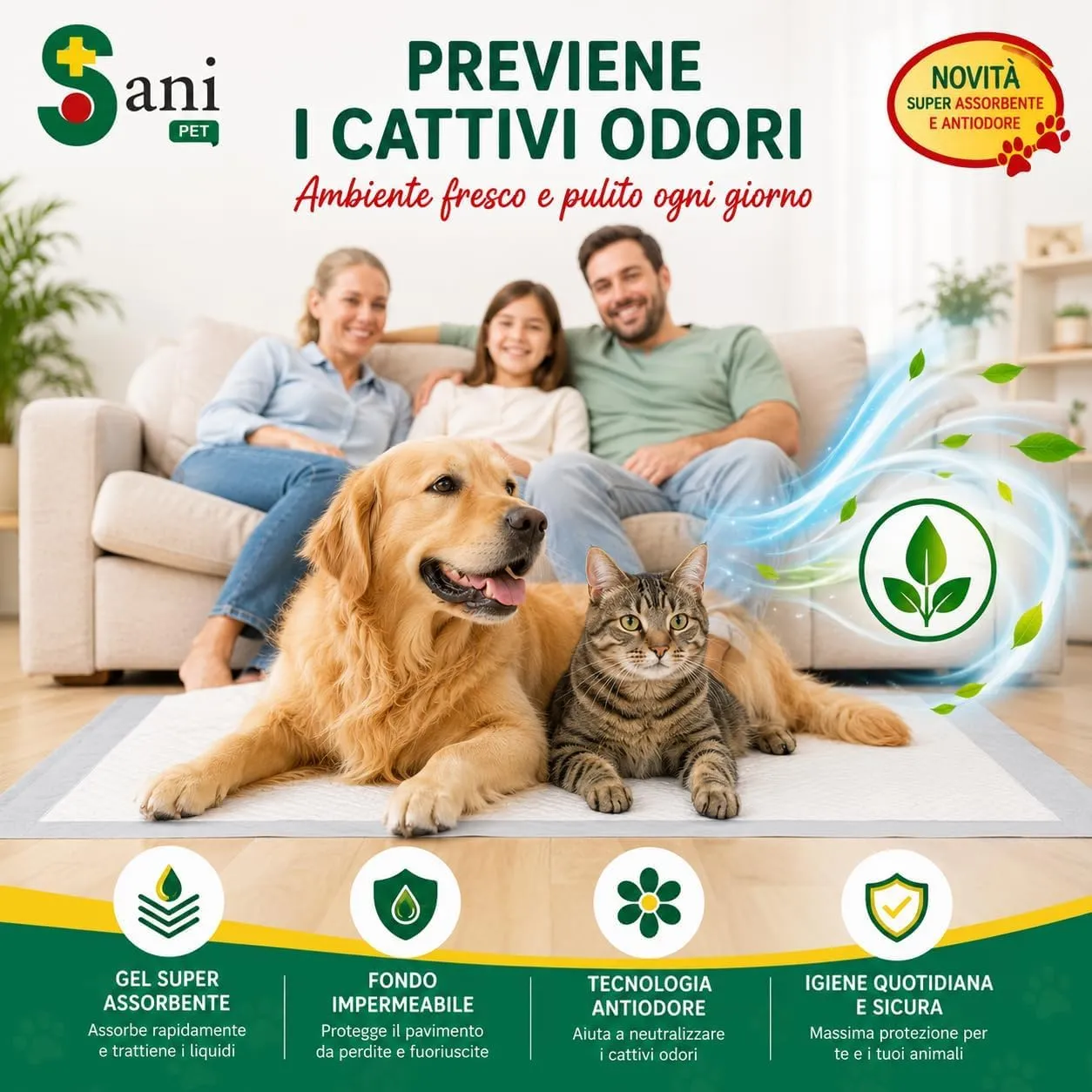 Sani Pet Tappetini Igienici per Cani e Gatti, 60x60 cm, 100 Pezzi, Adesivi, Extra Assorbenti e Fondo Impermeabile - immagine 3