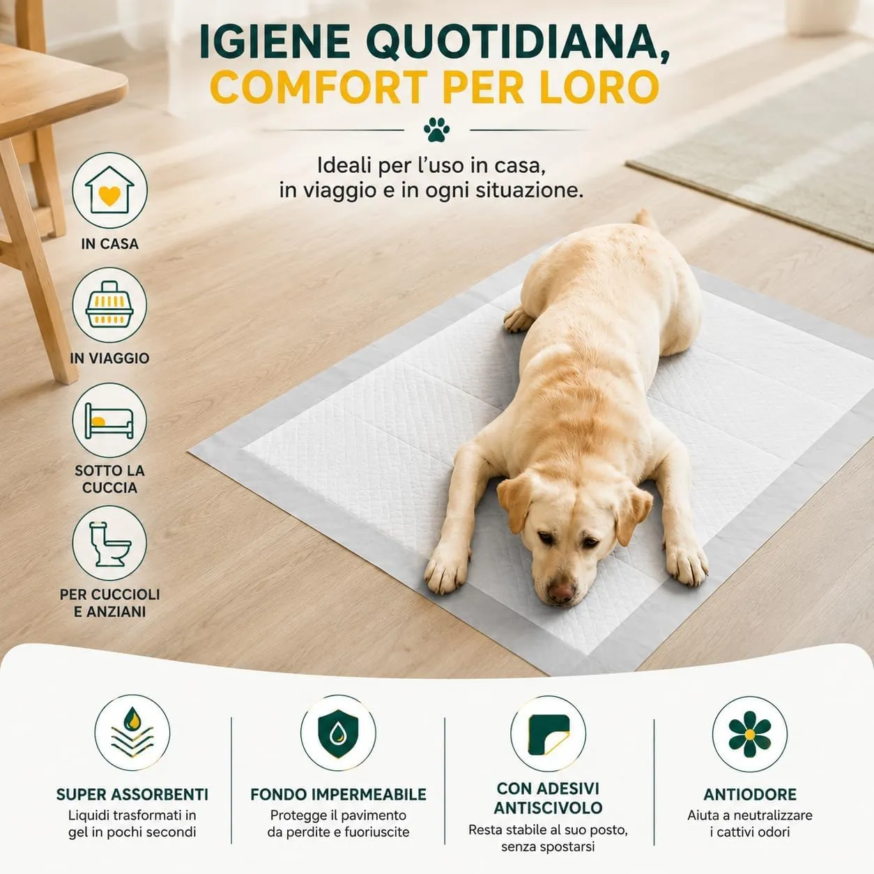 Sani Pet Tappetini Igienici per Cani e Gatti, 60x60 cm, 100 Pezzi, Adesivi, Extra Assorbenti e Fondo Impermeabile - immagine 4