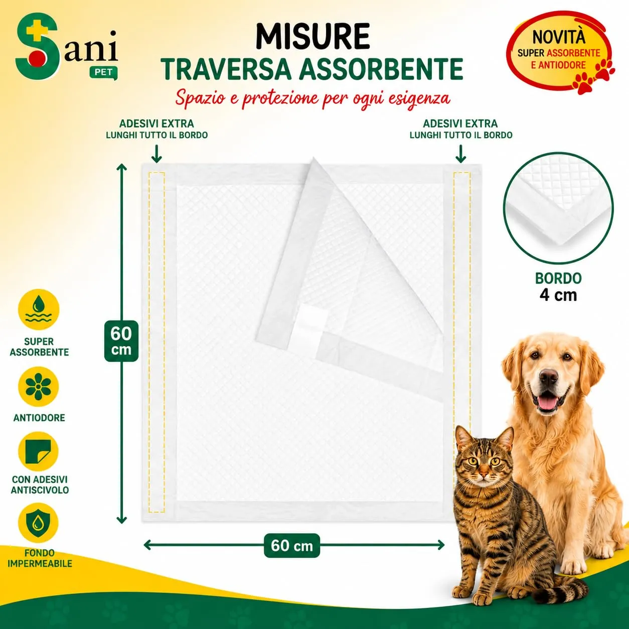 Sani Pet Tappetini Igienici per Cani e Gatti, 60x60 cm, 100 Pezzi, Adesivi, Extra Assorbenti e Fondo Impermeabile - immagine 5