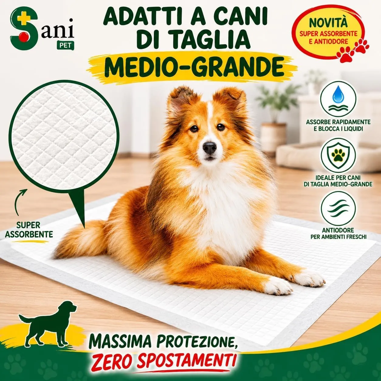 Sani Pet Tappetini Igienici per Cani e Gatti, 60x60 cm, 100 Pezzi, Adesivi, Extra Assorbenti e Fondo Impermeabile - immagine 6