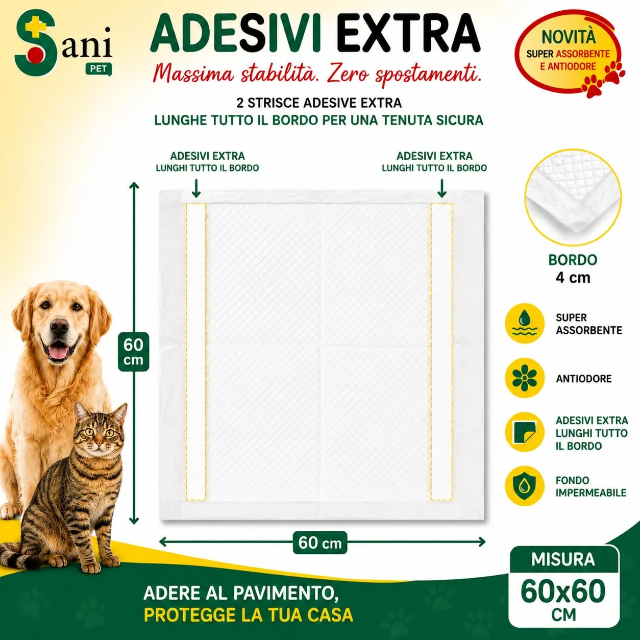 Sani Pet Tappetini Igienici per Cani e Gatti, 60x60 cm, 100 Pezzi, Adesivi, Extra Assorbenti e Fondo Impermeabile - immagine 8