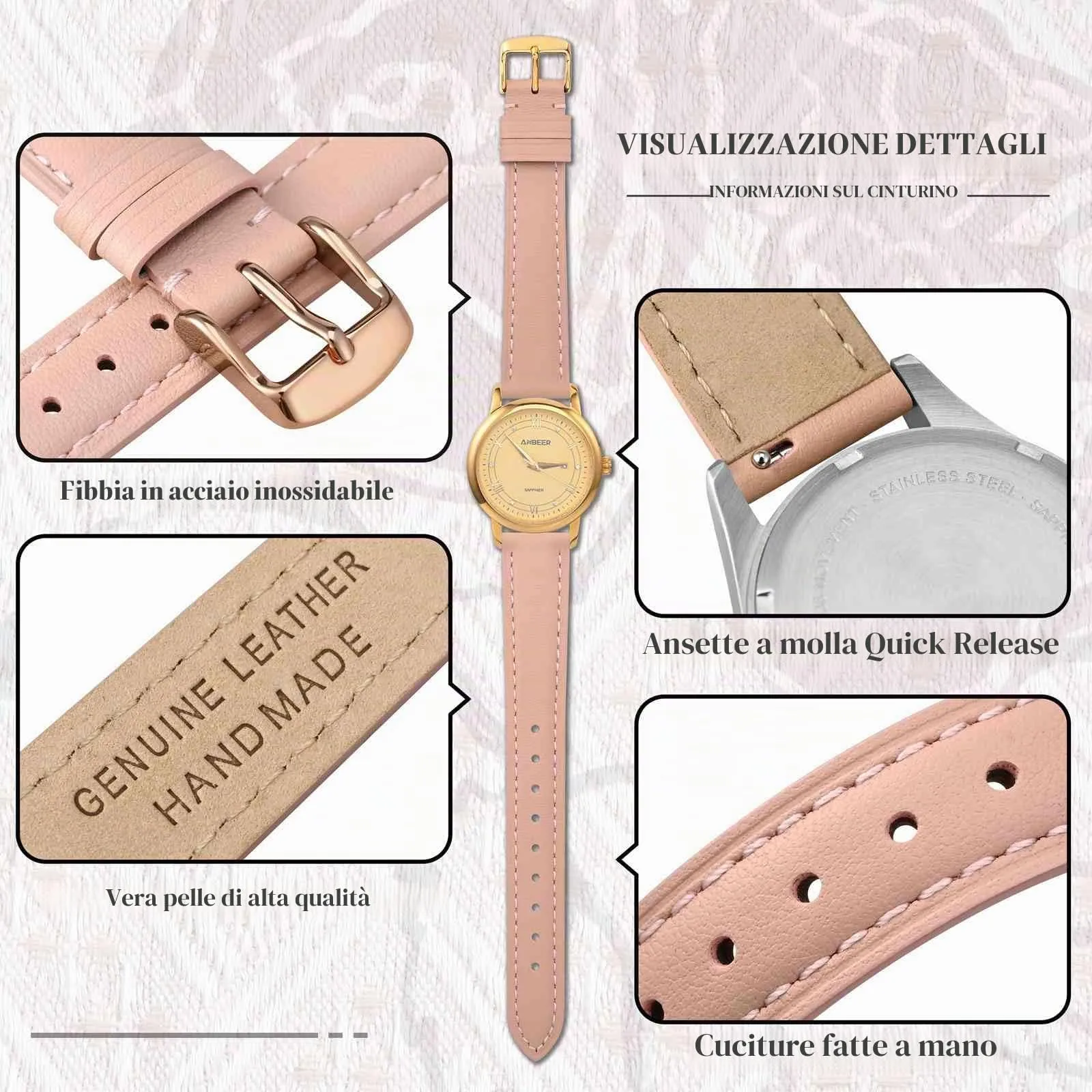 ANBEER Cinturino 14mm in Vera Pelle, Sgancio Rapido, Rosa con Fibbia Oro Rosa - immagine 3