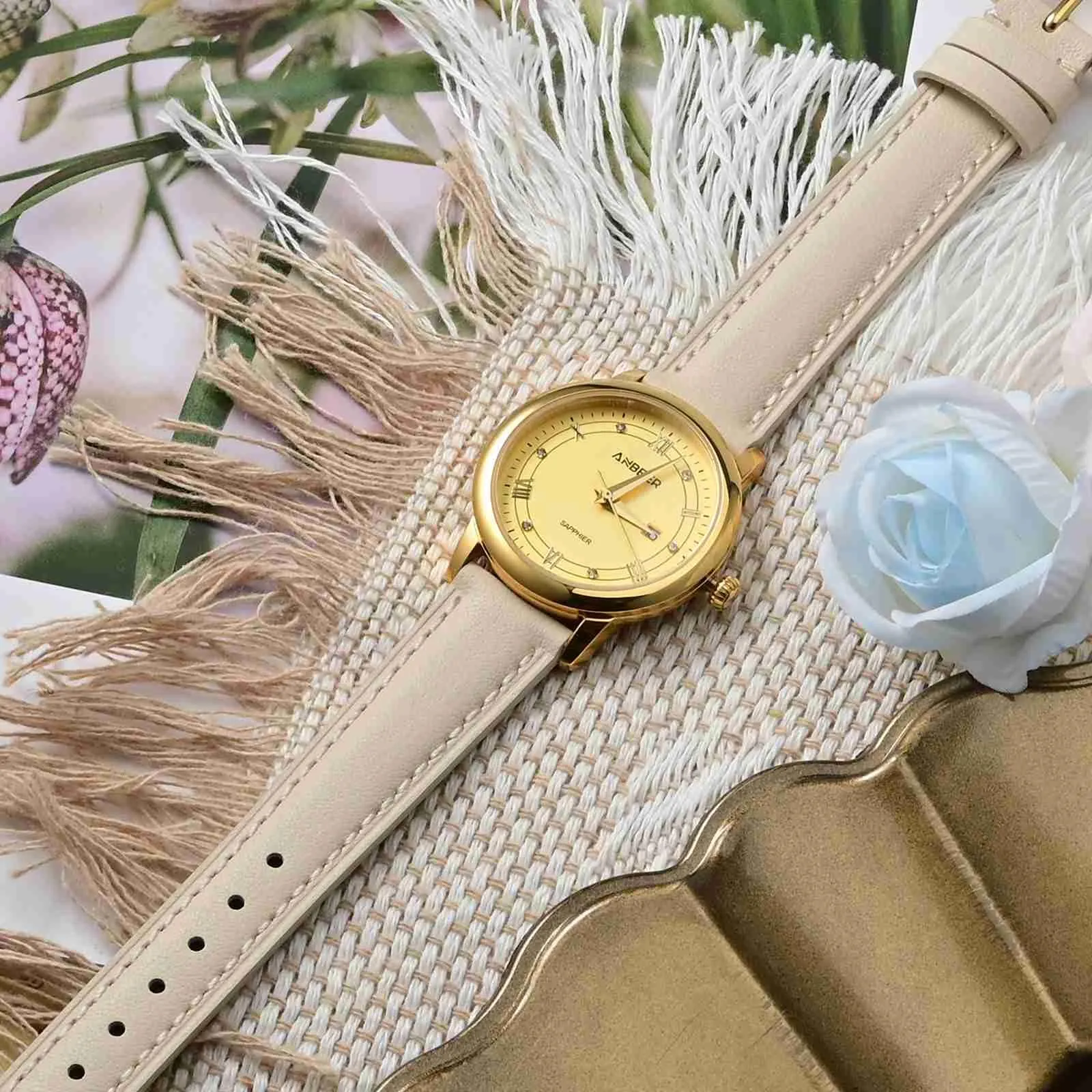 ANBEER Cinturino in Vera Pelle 16mm a Sgancio Rapido, Beige con Fibbia Oro Rosa - immagine 2