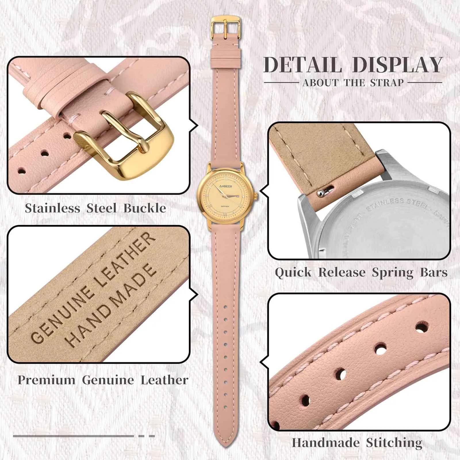 ANBEER Cinturino in Vera Pelle 12mm a Sgancio Rapido, Rosa con Fibbia Dorata - immagine 3