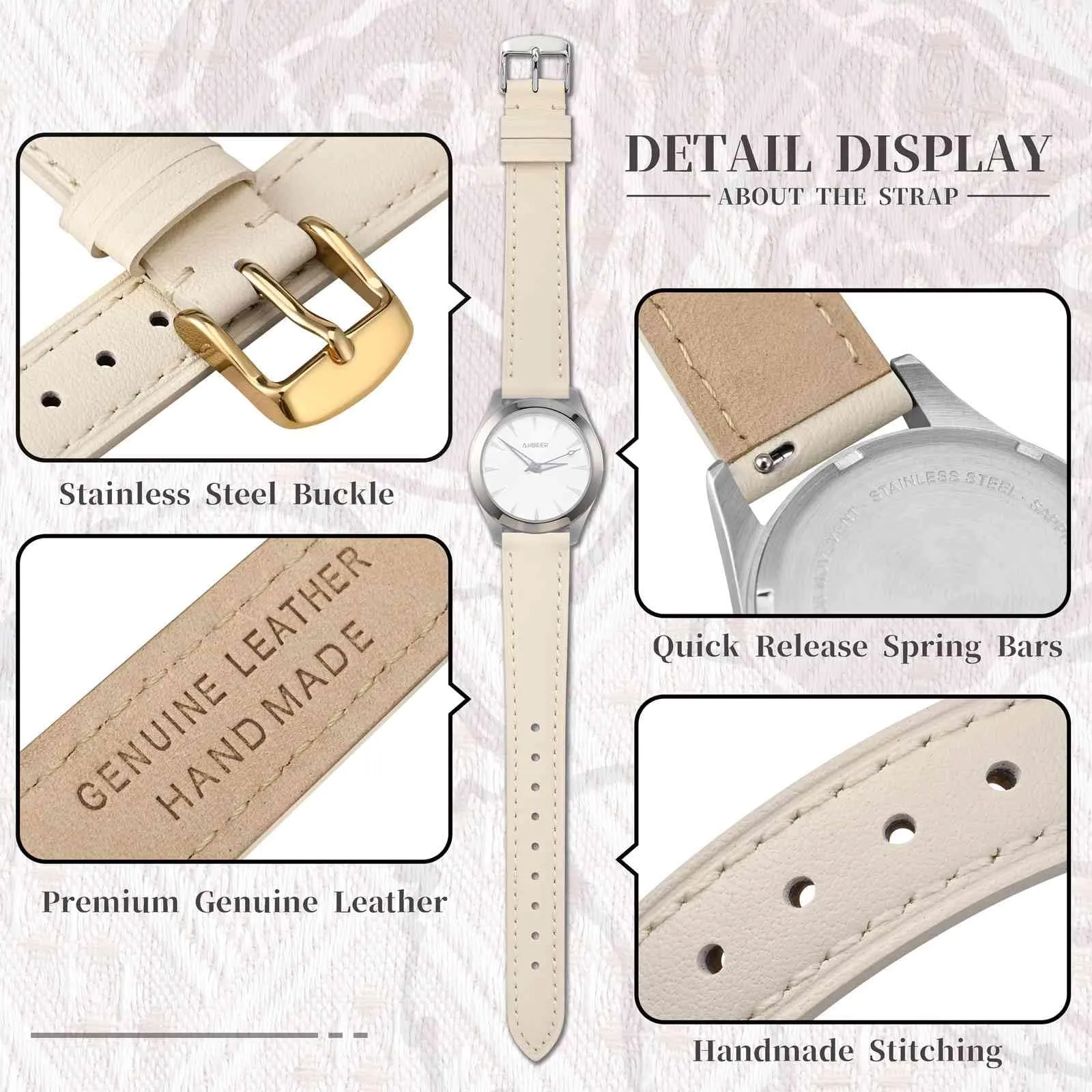 ANBEER Cinturino in Vera Pelle 18mm a Sgancio Rapido, Beige con Fibbia Dorata - immagine 3