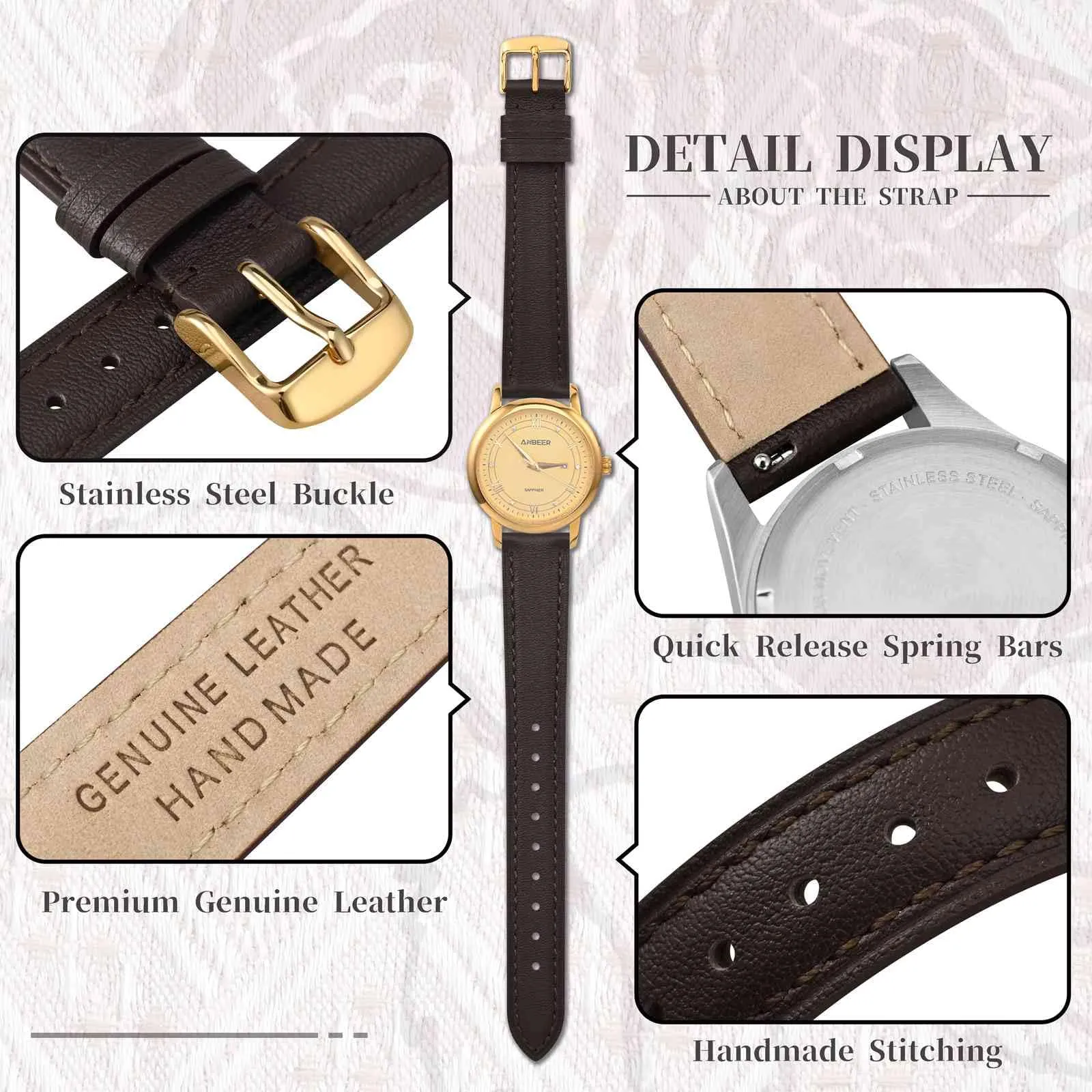 ANBEER Cinturino in Vera Pelle 18mm a Sgancio Rapido, Marrone Scuro con Fibbia Dorata - immagine 3