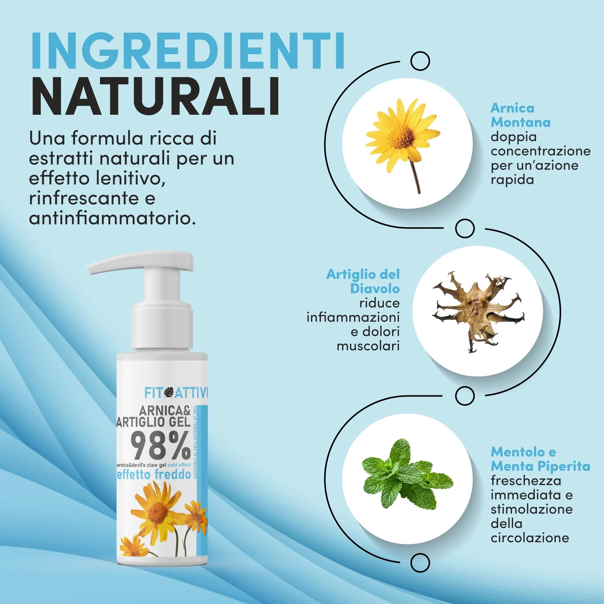 Fitoattivi Natura e Benessere Arnica e Artiglio del Diavolo Forte Effetto Freddo 98% Arnica, Vitamina E, Mentolo e Menta per Massaggi Locali, 100ml - immagine 3