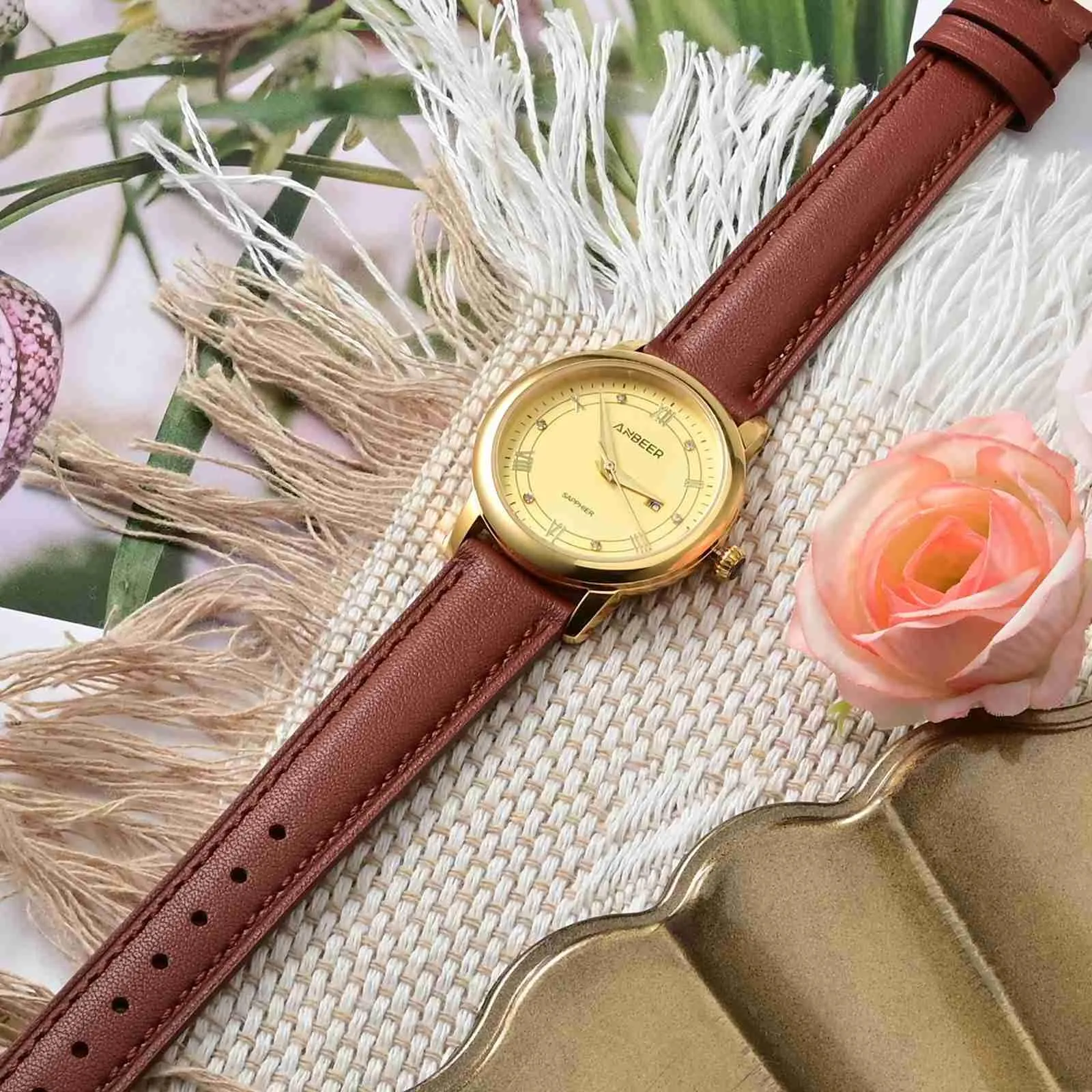 ANBEER Cinturino in Vera Pelle 12mm a Sgancio Rapido, Rosso Mattone con Fibbia Dorata - immagine 2
