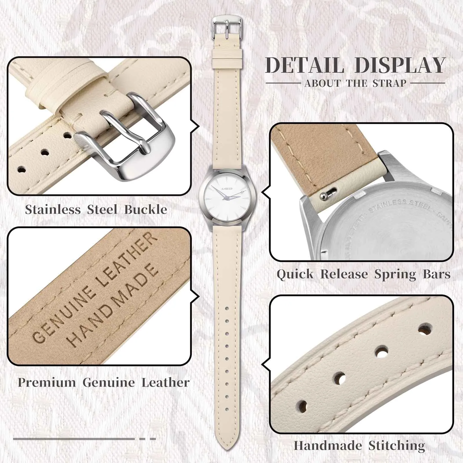 ANBEER Cinturino in Vera Pelle 20mm a Sgancio Rapido, Beige con Fibbia Argentata - immagine 3