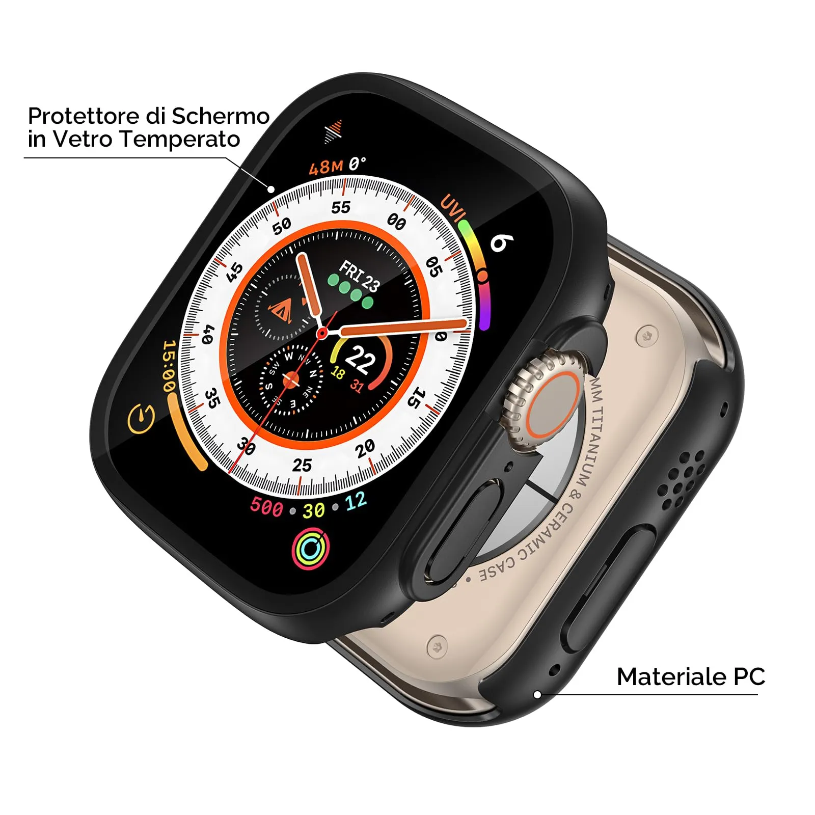 Misxi Custodia Protettiva con Vetro Temperato per Apple Watch Ultra 4/3/2 49mm, Nero (2 Pezzi) - immagine 3