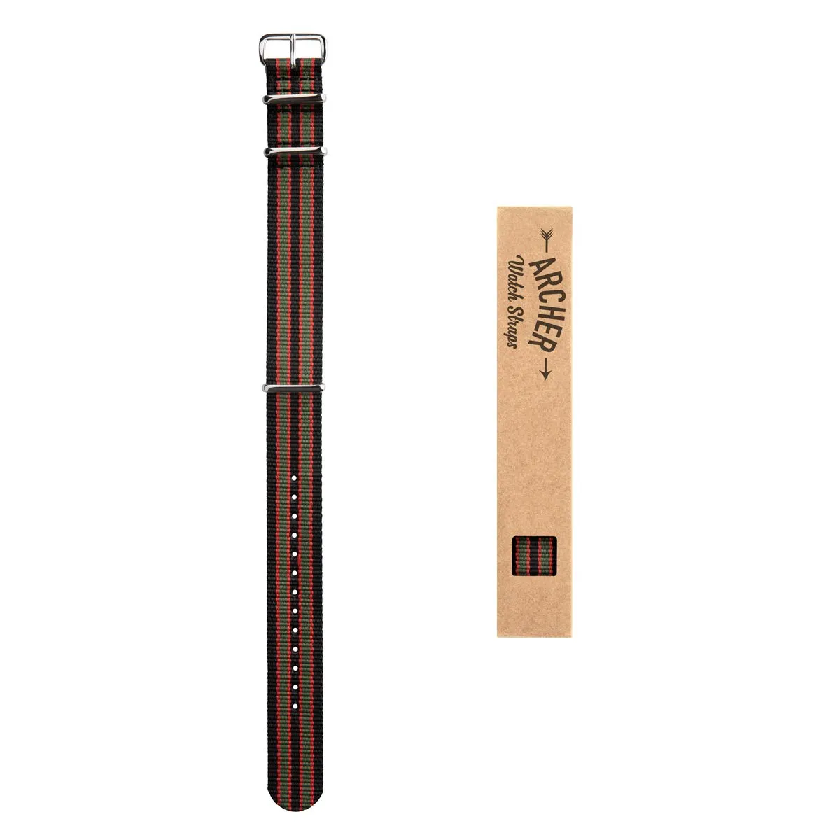 Archer Watch Straps NATO Nylon Strap - Nero, Rosso e Verde (Vintage Bond), 18mm - immagine 6