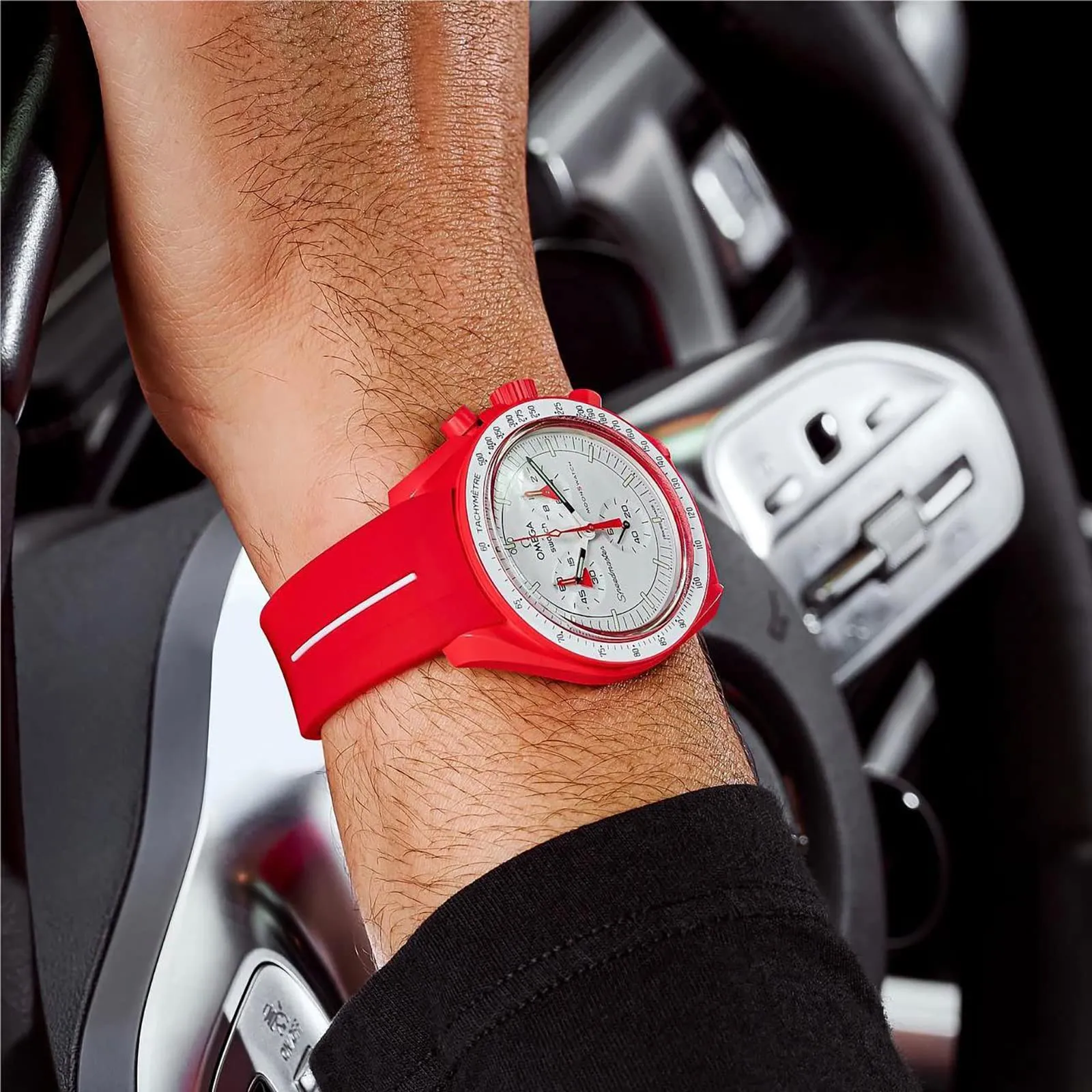 BONACE Cinturino in silicone per Omega x Swatch MoonSwatch Speedmaster, 20mm (rosso bianco linea) - immagine 4