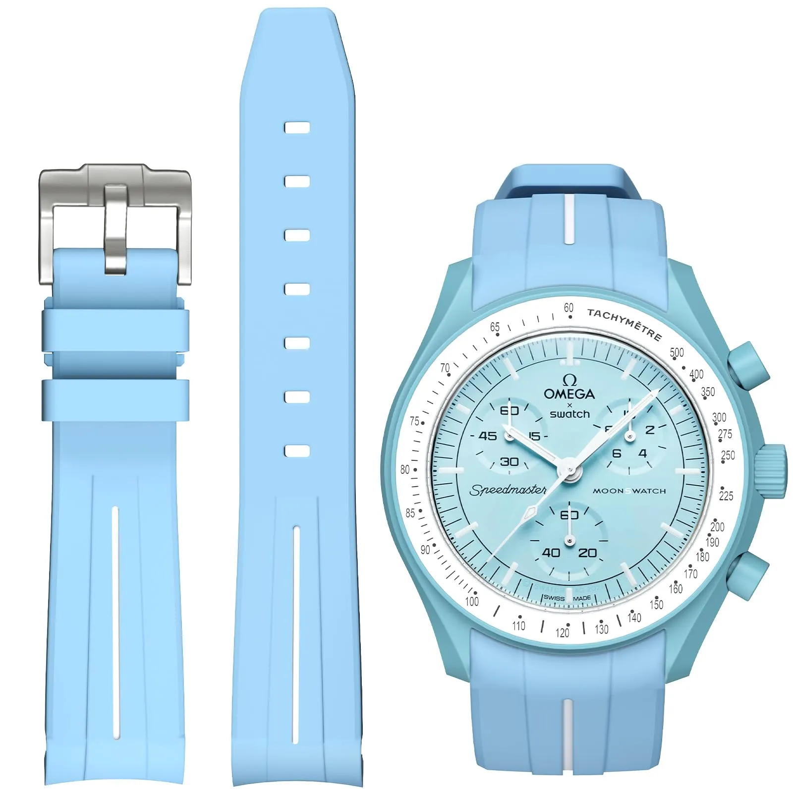 BONACE Cinturino in Gomma 20mm per Omega x Swatch MoonSwatch, Design Curvo, Bianco Blu Chiaro - immagine 1