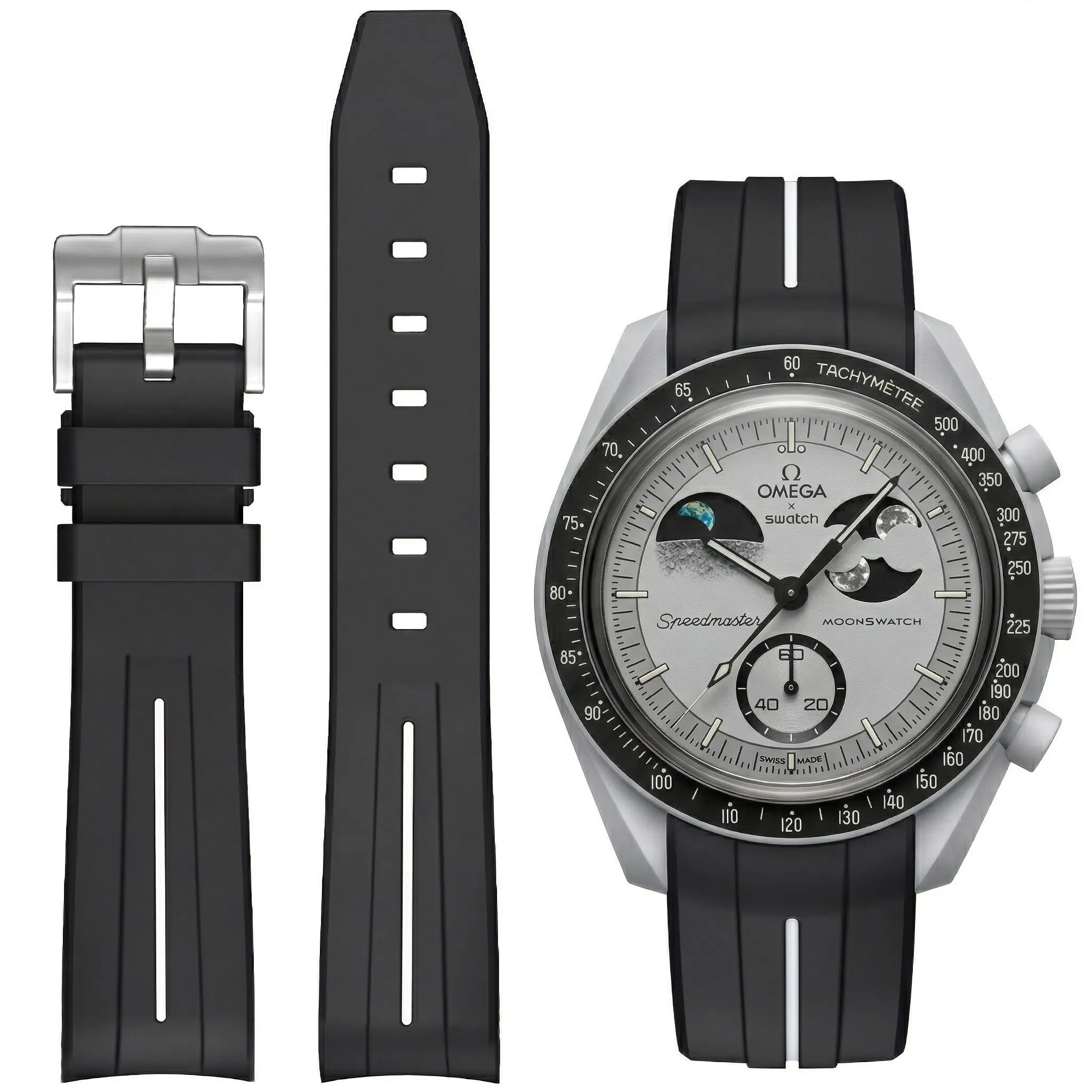 BONACE Cinturino di ricambio in gomma per Omega X Swatch Moonswatch Speedmaster, 20mm, Nero Bianco Linea - immagine 1