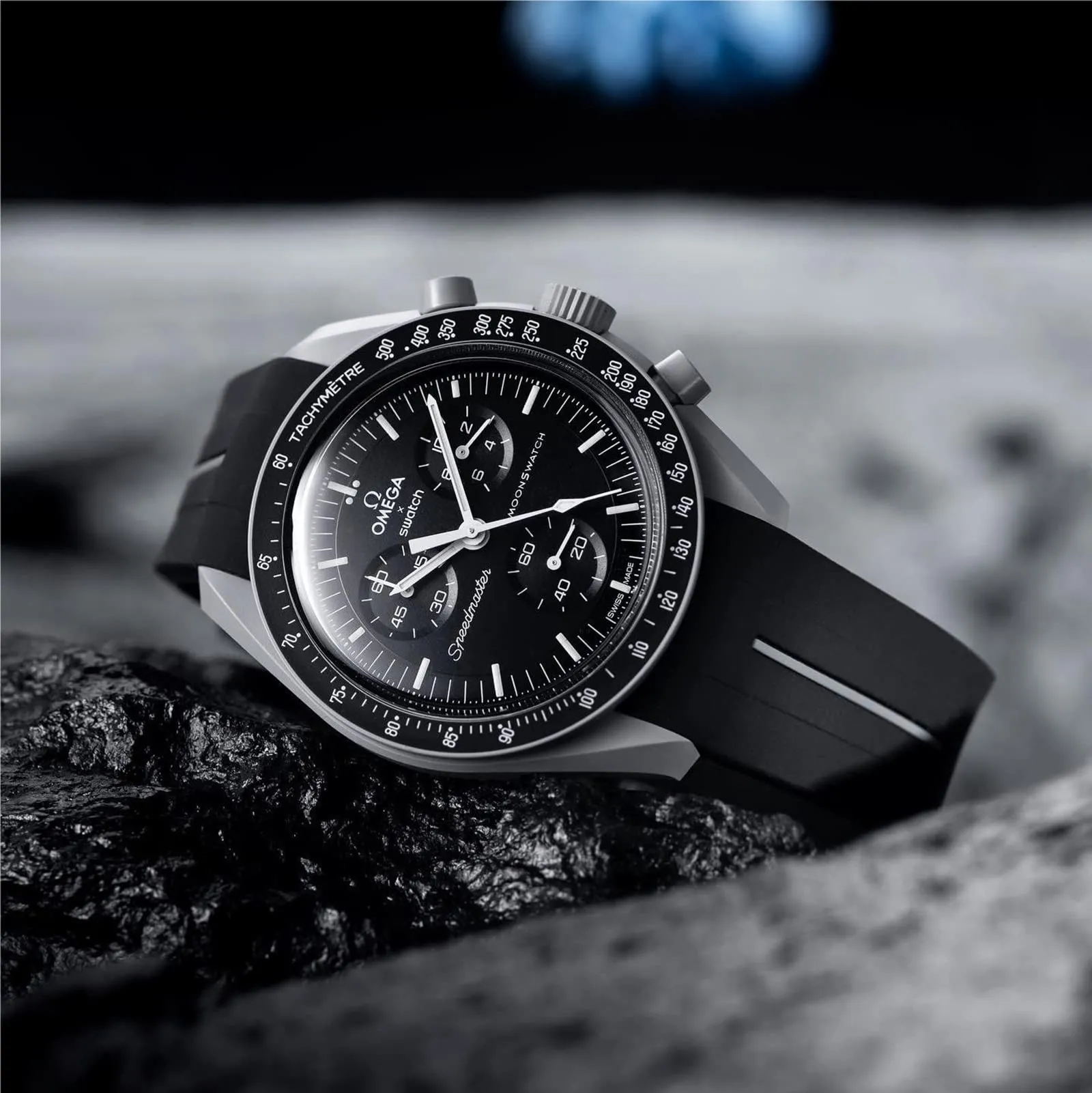 BONACE Cinturino di ricambio in gomma per Omega X Swatch Moonswatch Speedmaster, 20mm, Nero Bianco Linea - immagine 2