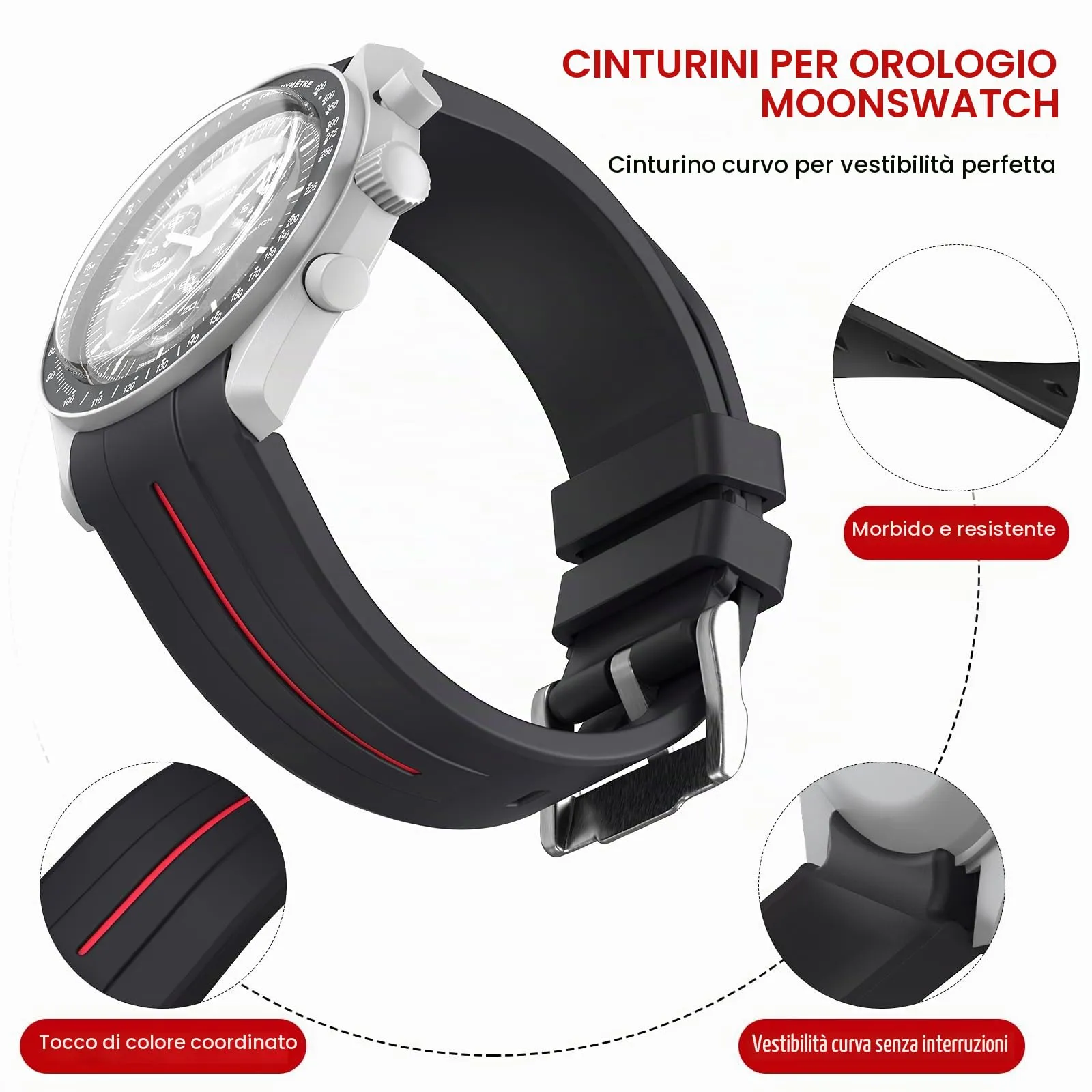 BONACE Cinturino in silicone per Omega x Swatch MoonSwatch Speedmaster, 20mm, Nero nero linea - immagine 7
