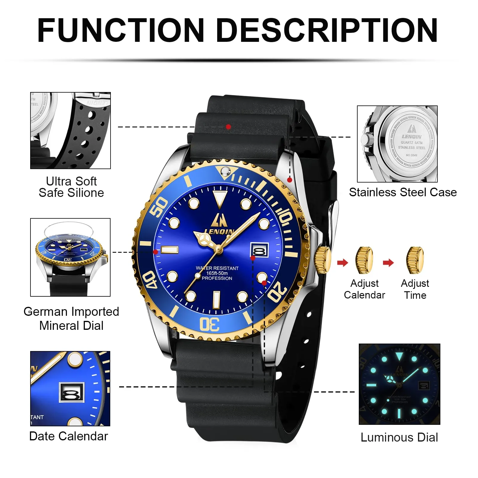 LN LENQIN Orologio Uomo Acciaio Analogico al Quarzo Impermeabile LN-R017 - immagine 6