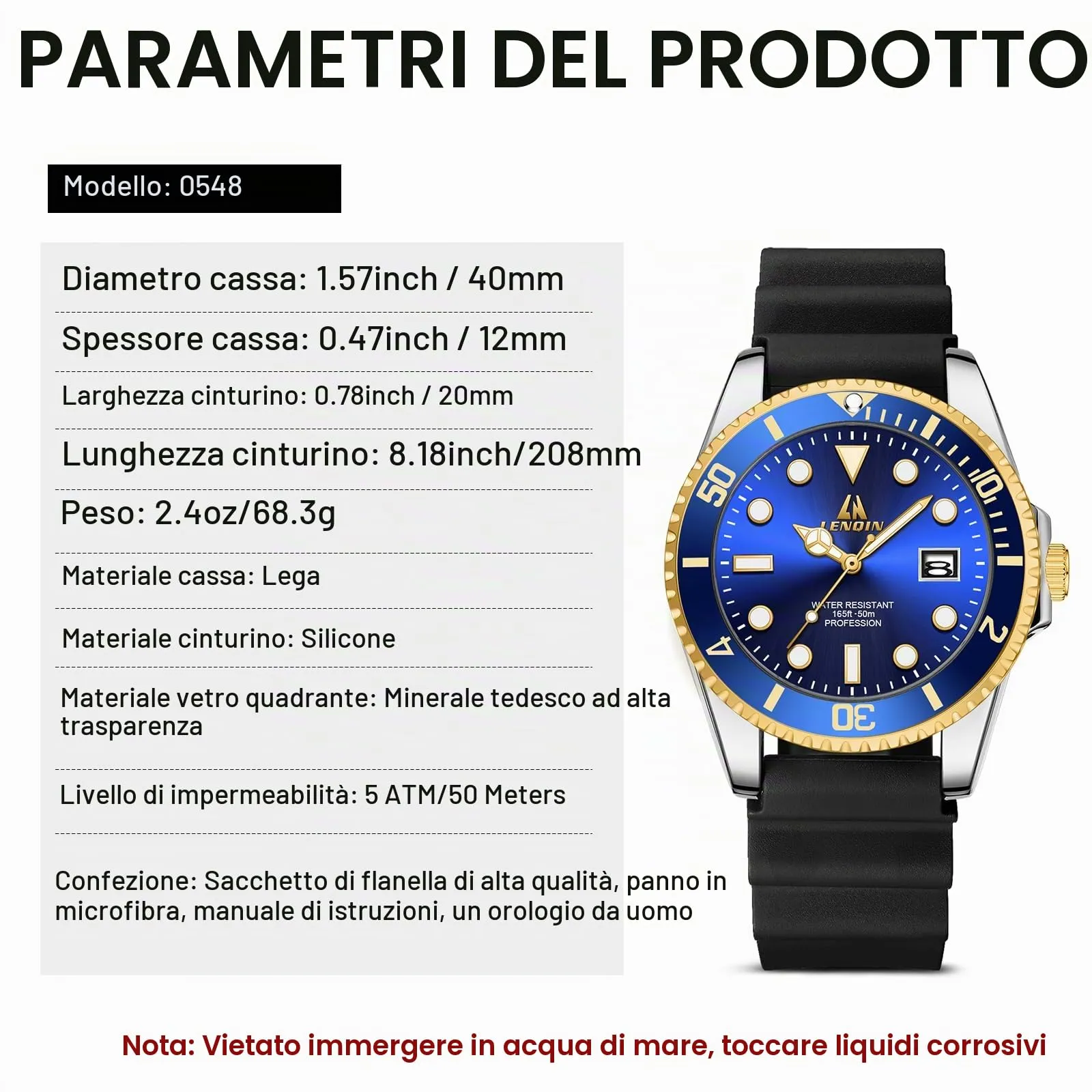LN LENQIN Orologio Uomo Acciaio Analogico al Quarzo Impermeabile LN-R017 - immagine 7