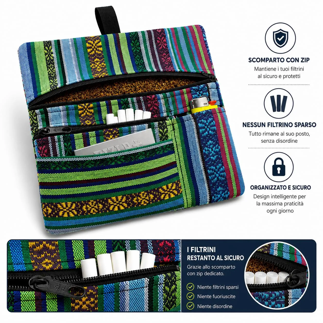 Russo Handmade Portatabacco Artigianale in Tessuto con Doppia Zip, 4 Scomparti, Mélange Blu - immagine 2