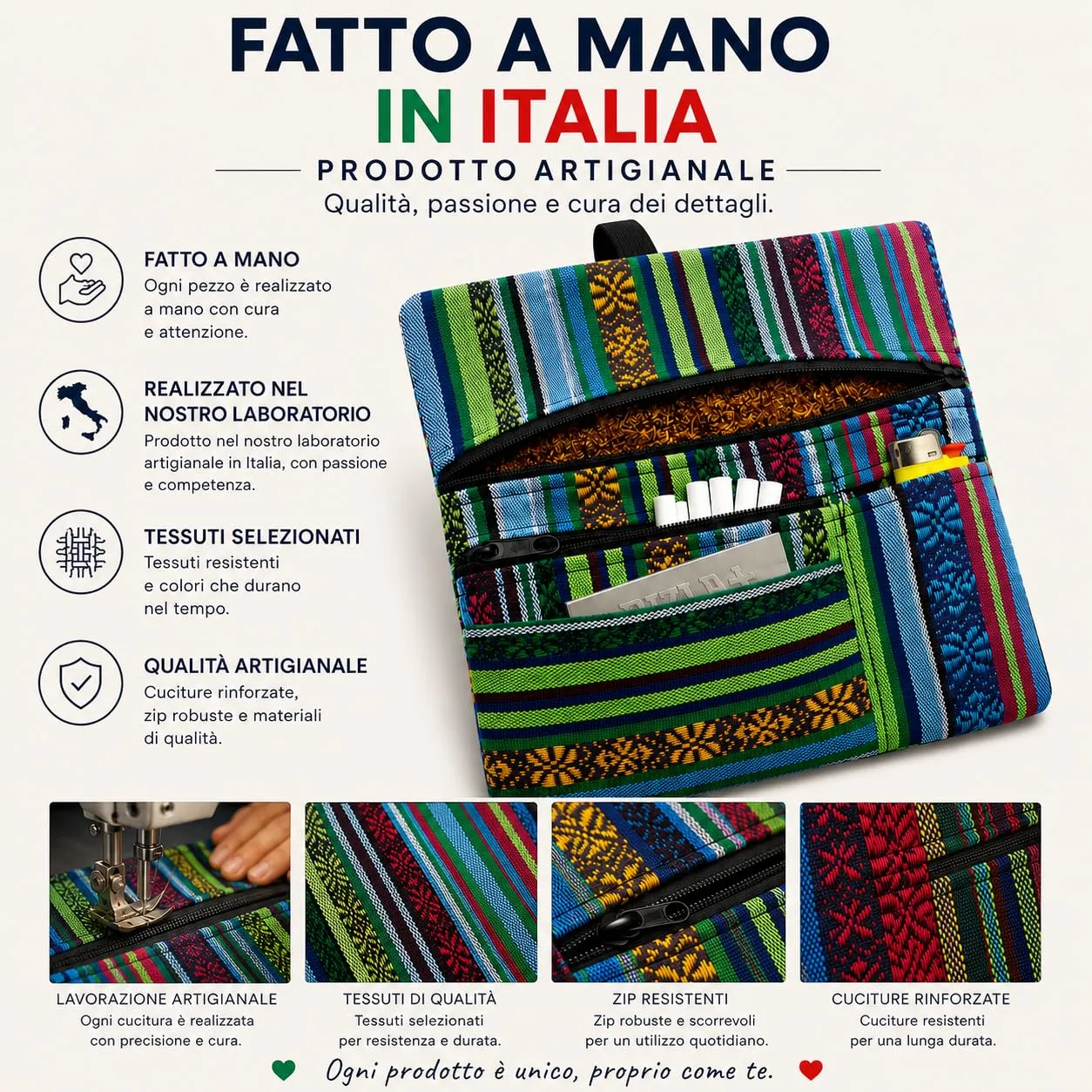 Russo Handmade Portatabacco Artigianale in Tessuto con Doppia Zip, 4 Scomparti, Mélange Blu - immagine 4