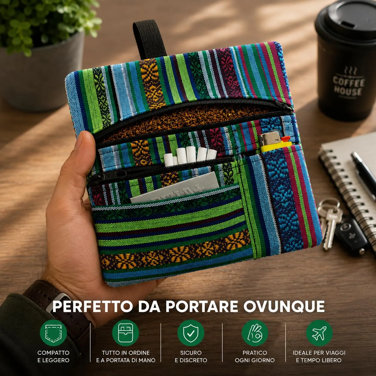 Russo Handmade Portatabacco Artigianale in Tessuto con Doppia Zip, 4 Scomparti, Mélange Blu - immagine 5