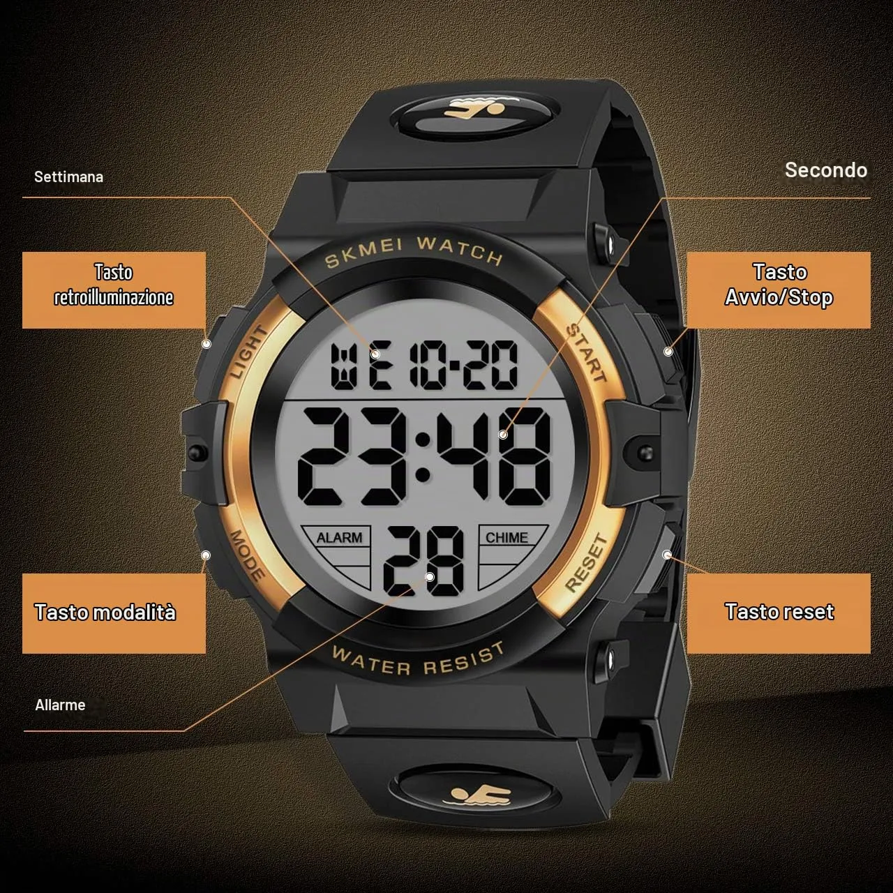 Dislocati Orologio Digitale Multifunzione per Bambini, Impermeabile, LED, Gold - immagine 2
